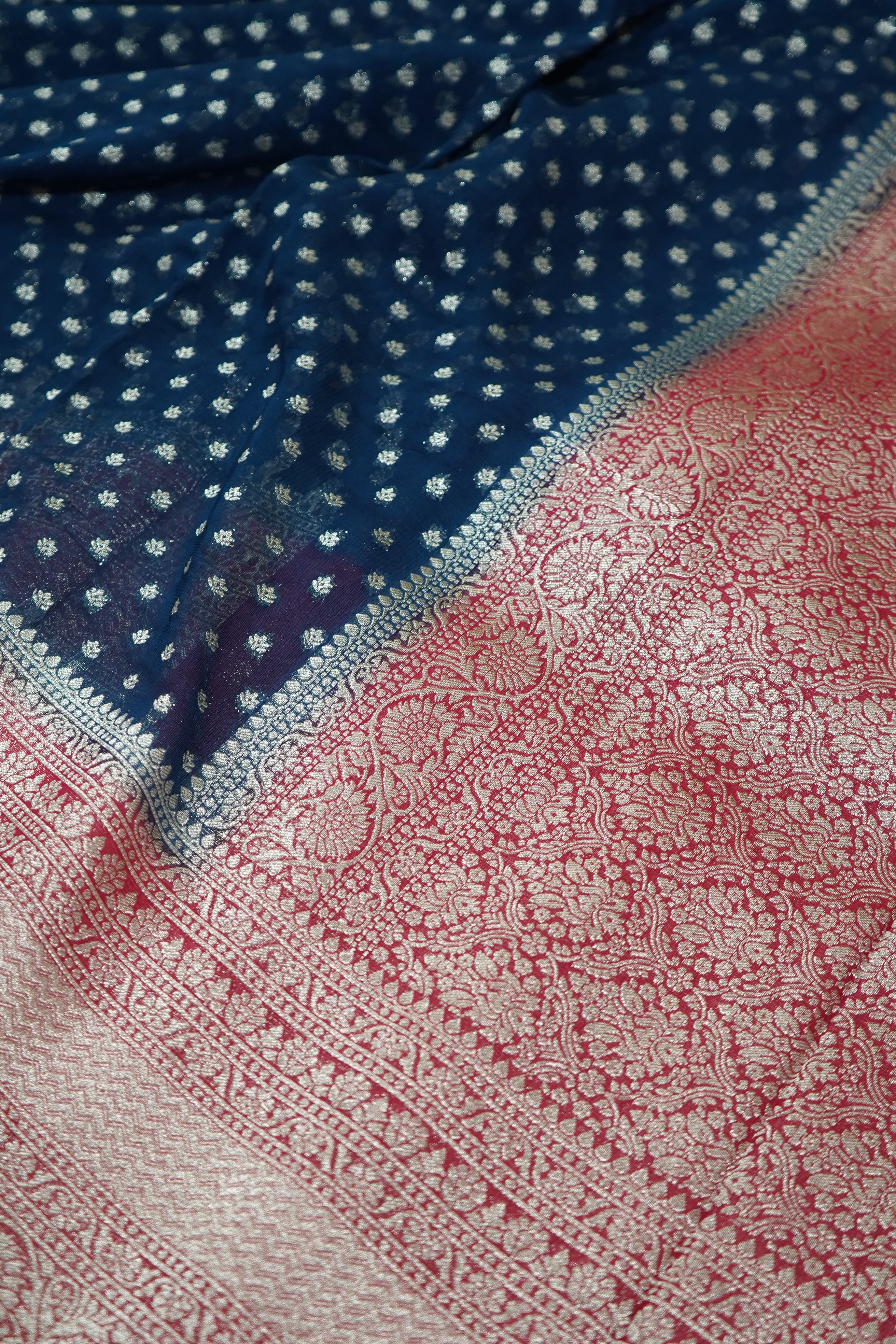 Midnight Navy Blue Khaddi Georgette Pure Banarasi Saree with Contrast Rose Red Border