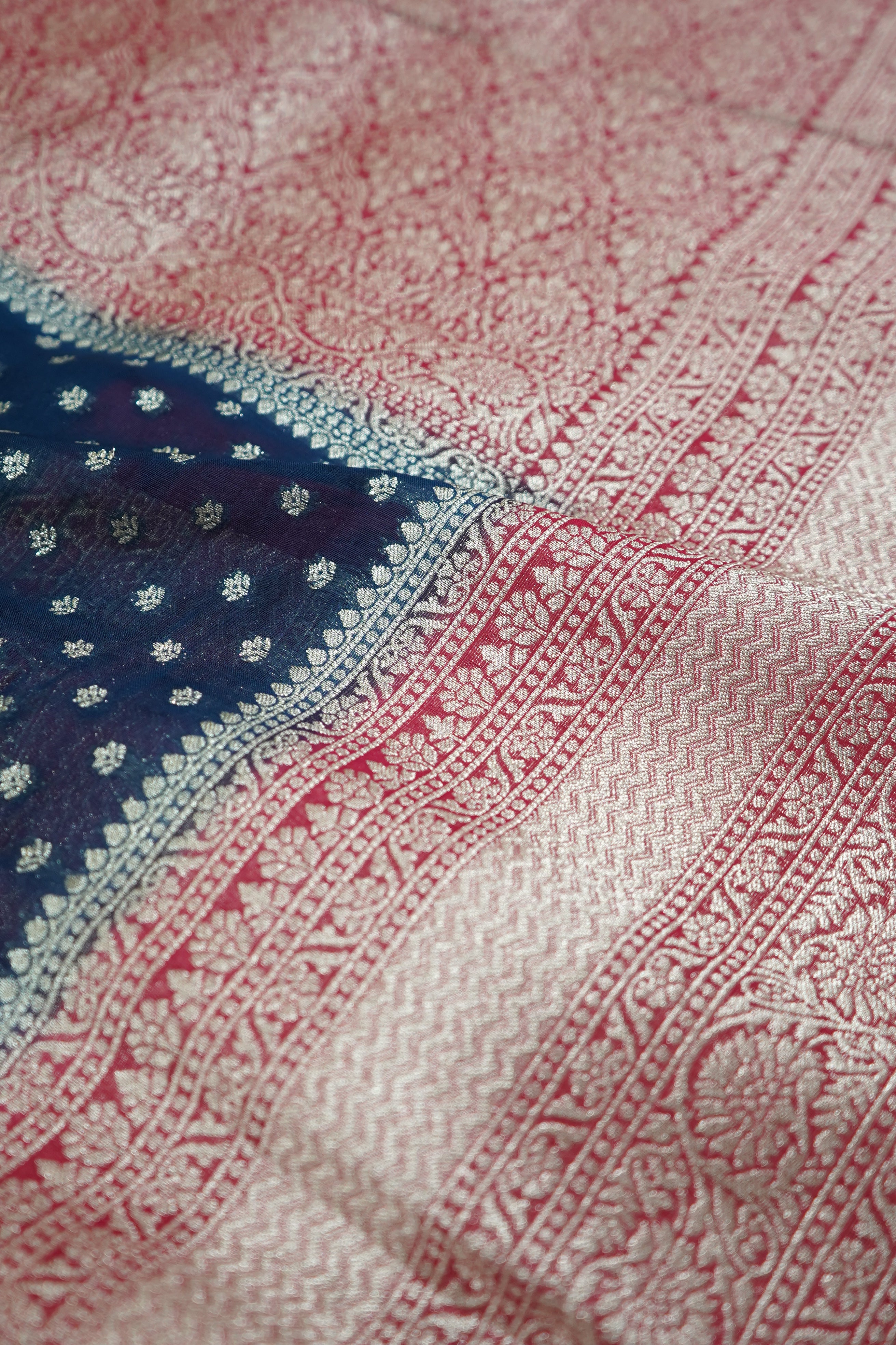 Midnight Navy Blue Khaddi Georgette Pure Banarasi Saree with Contrast Rose Red Border