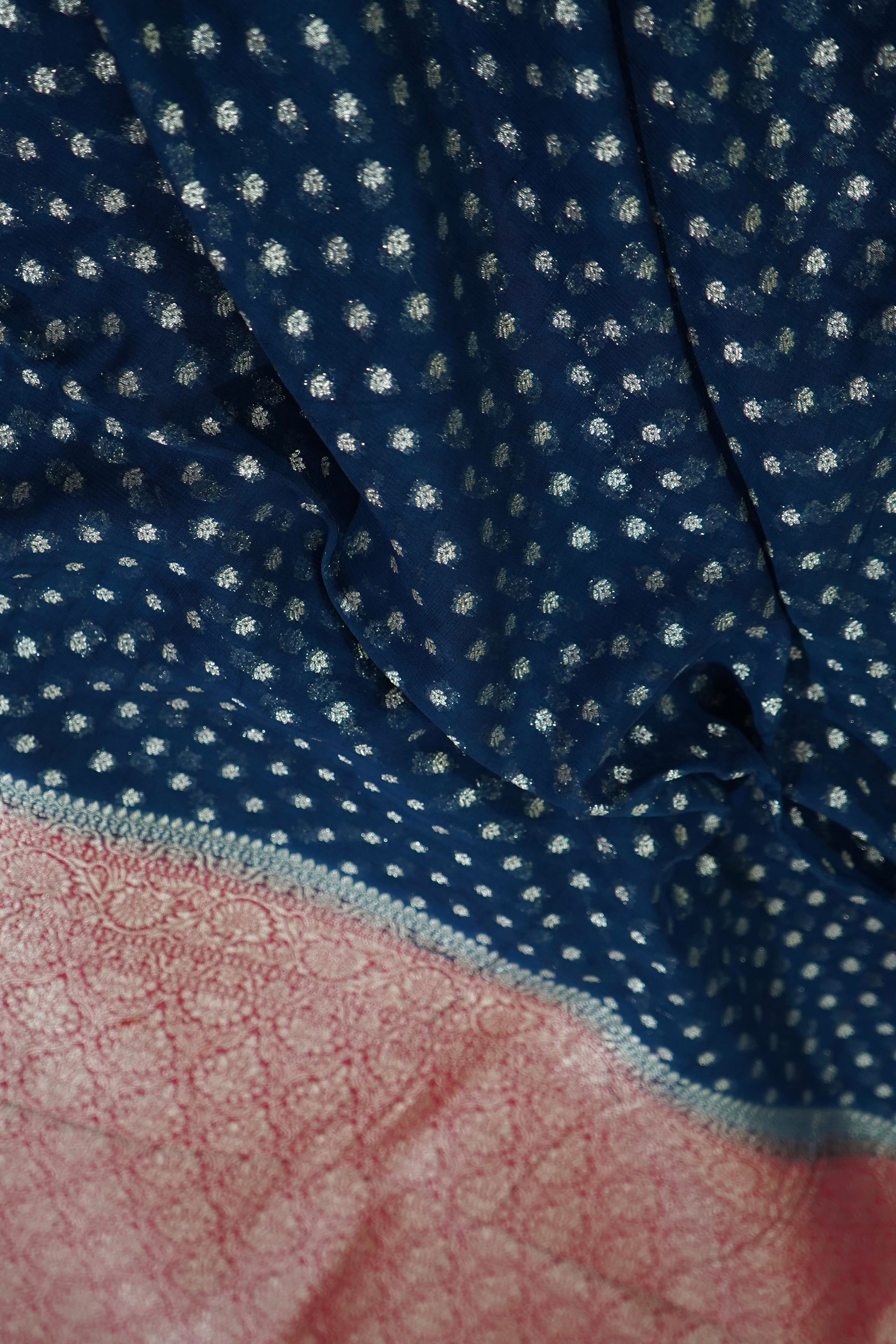 Midnight Navy Blue Khaddi Georgette Pure Banarasi Saree with Contrast Rose Red Border