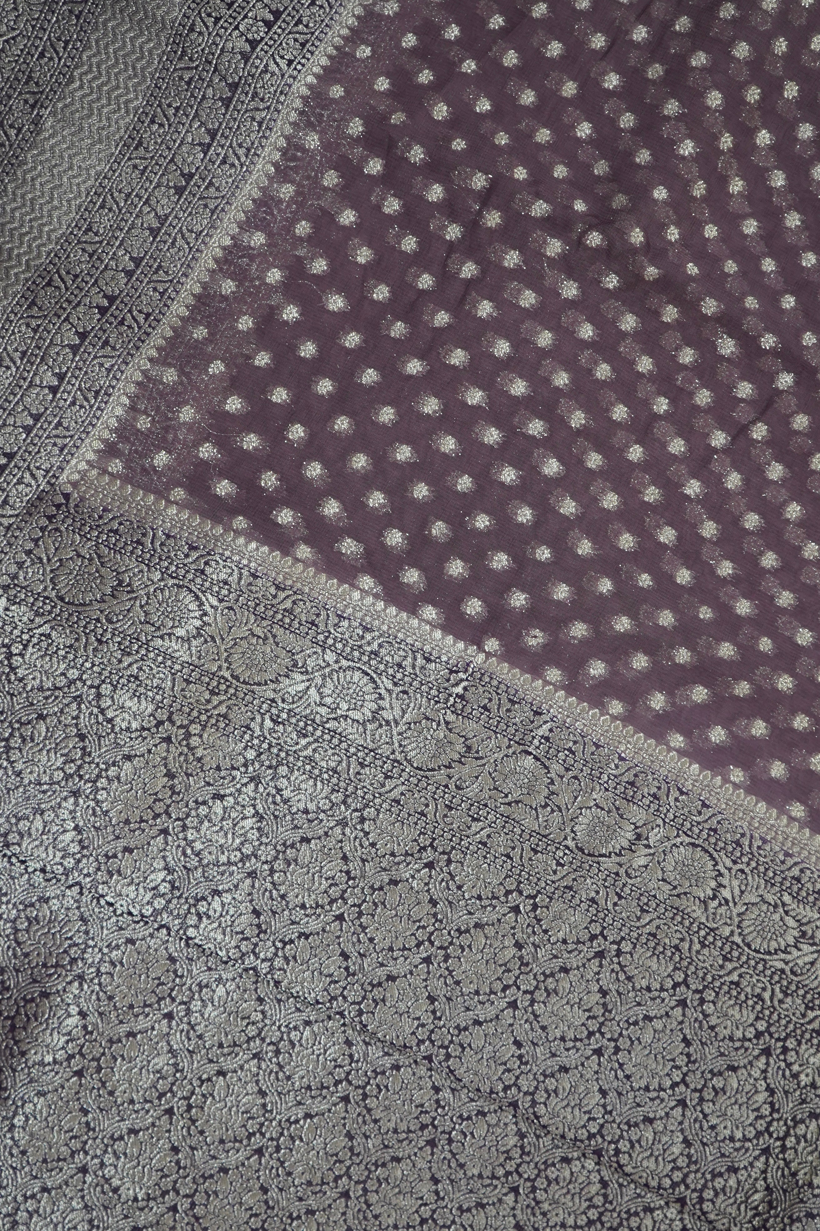 Smoky Lavender Grey Khaddi Georgette Pure Banarasi Saree with Champagne Zari Border