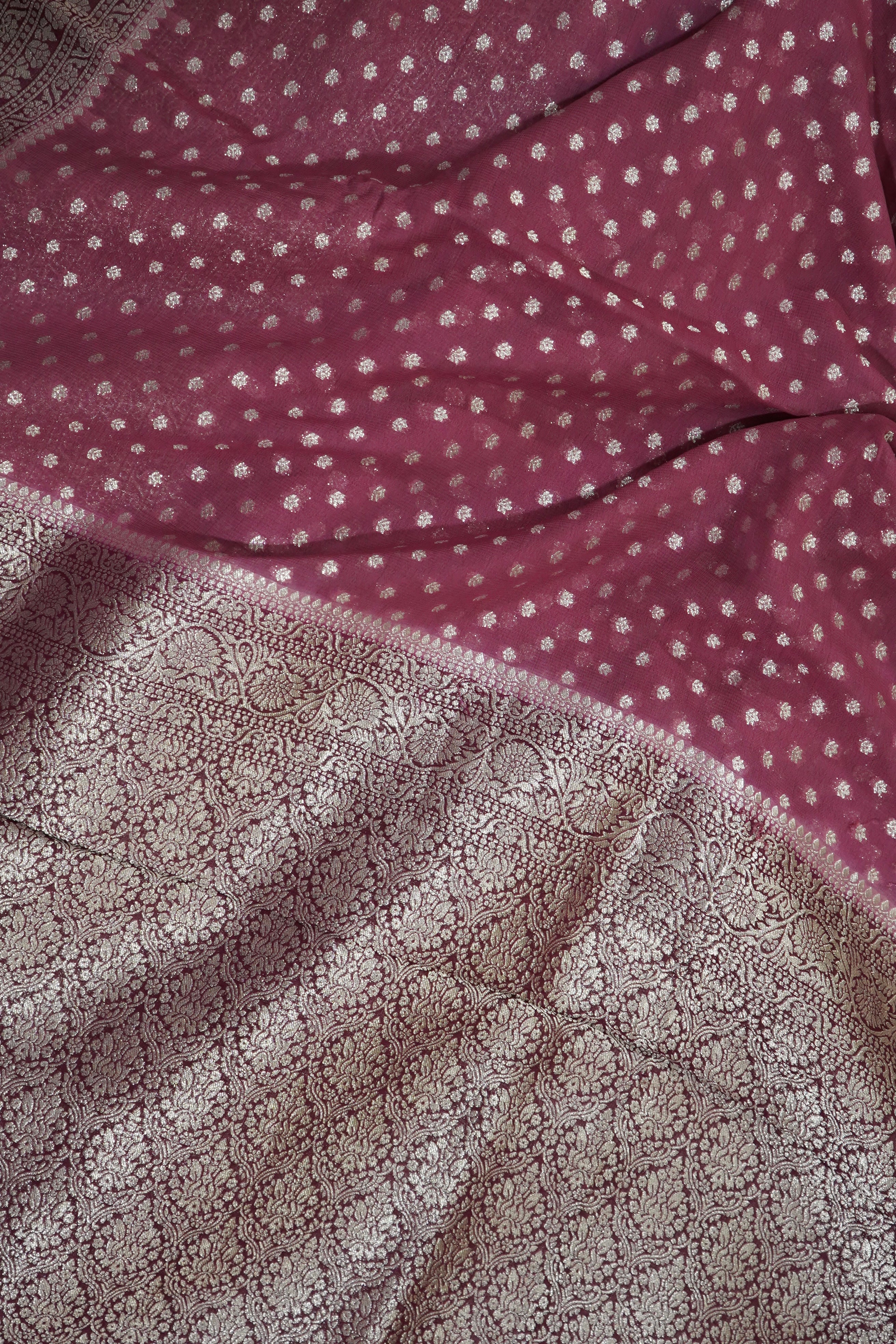Dusty Mauve Khaddi Georgette Pure Banarasi Saree with Champagne Zari Border