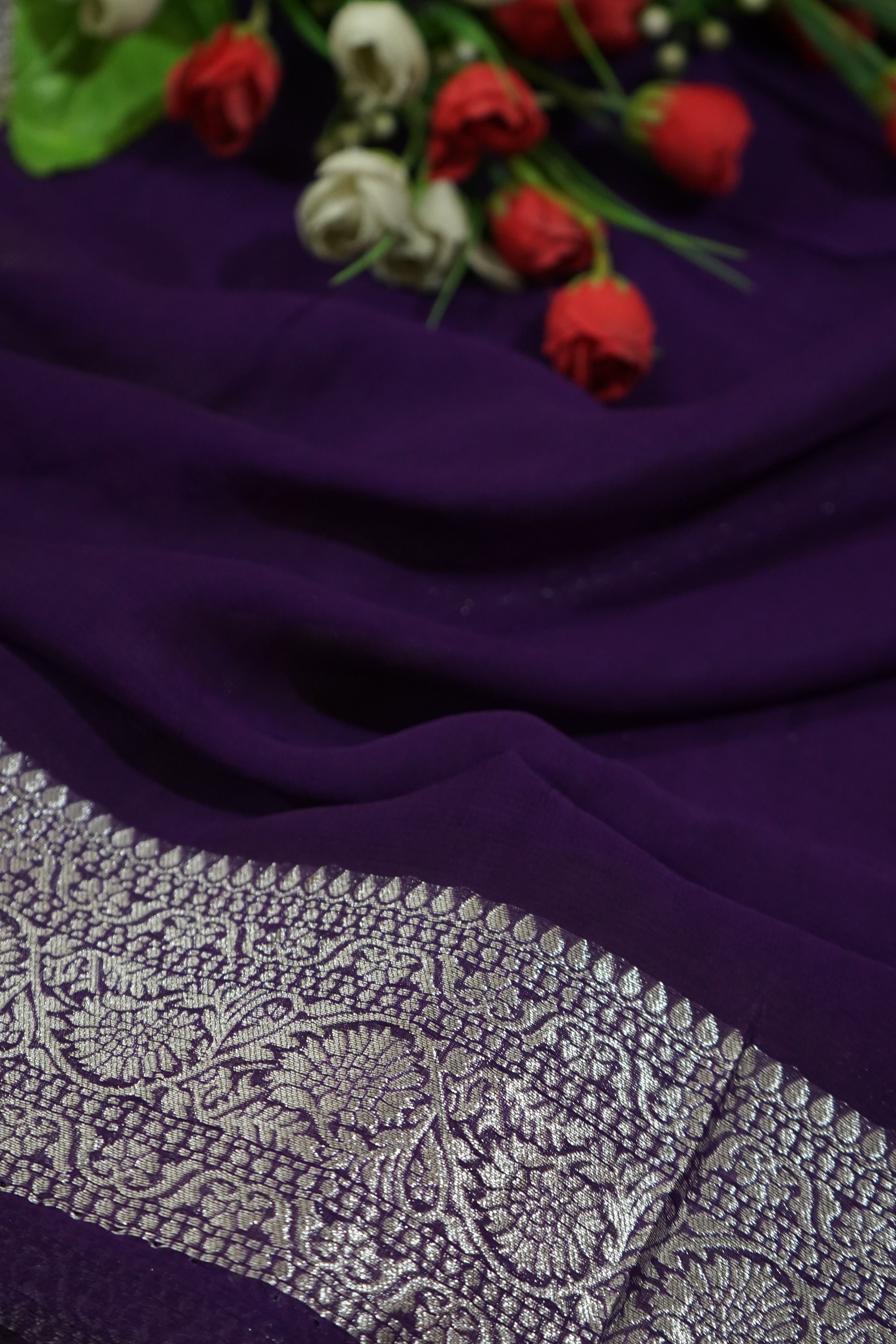 Mustard Yellow Khaddi Georgette Pure Banarasi Saree with Contrast Purple Border