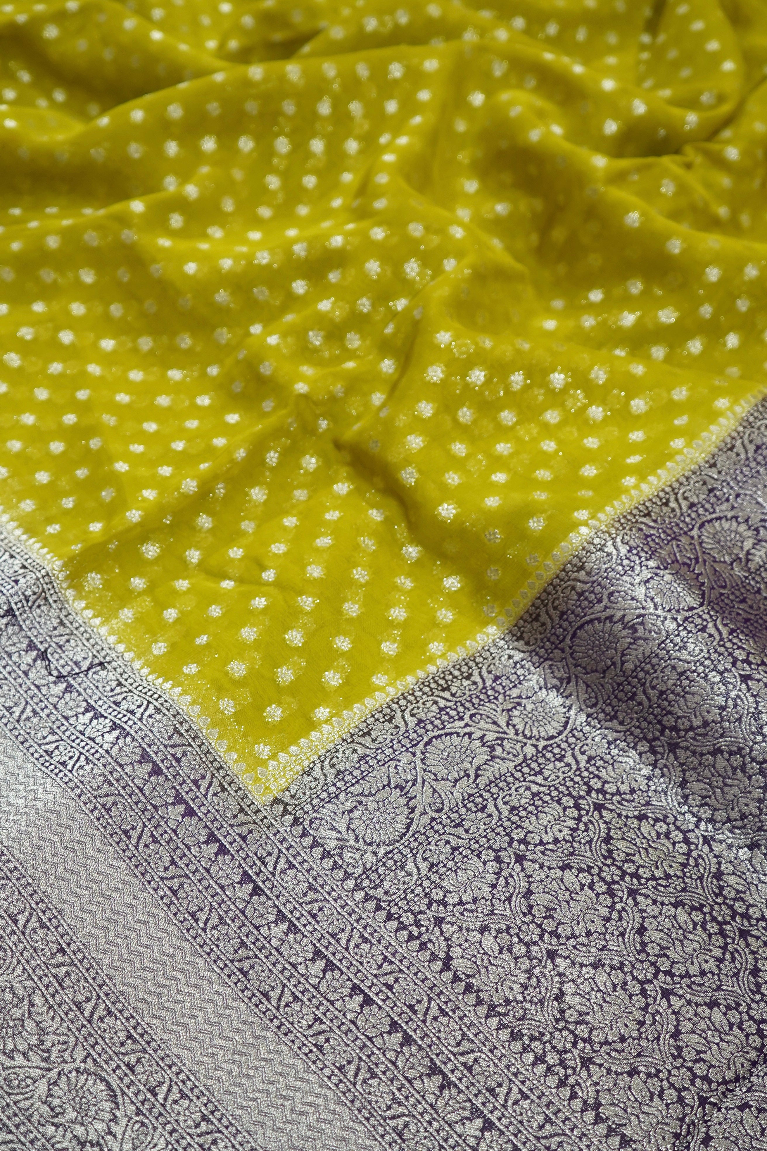 Mustard Yellow Khaddi Georgette Pure Banarasi Saree with Contrast Purple Border