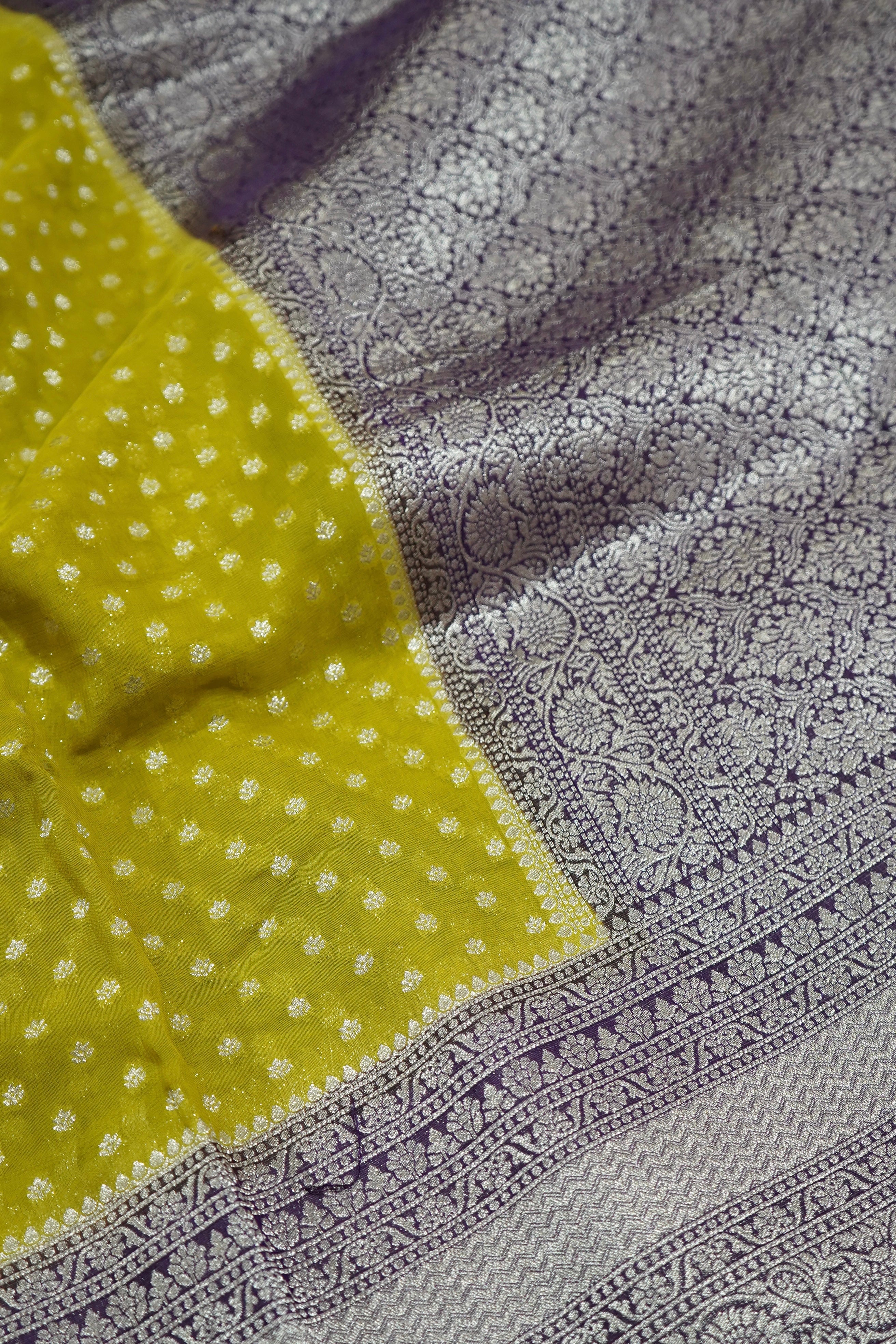 Mustard Yellow Khaddi Georgette Pure Banarasi Saree with Contrast Purple Border