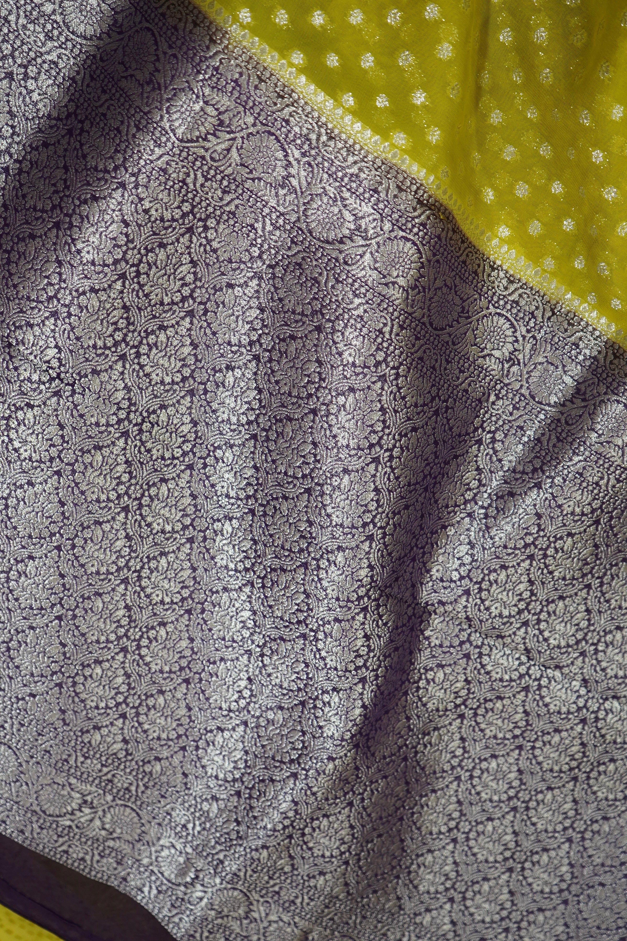 Mustard Yellow Khaddi Georgette Pure Banarasi Saree with Contrast Purple Border