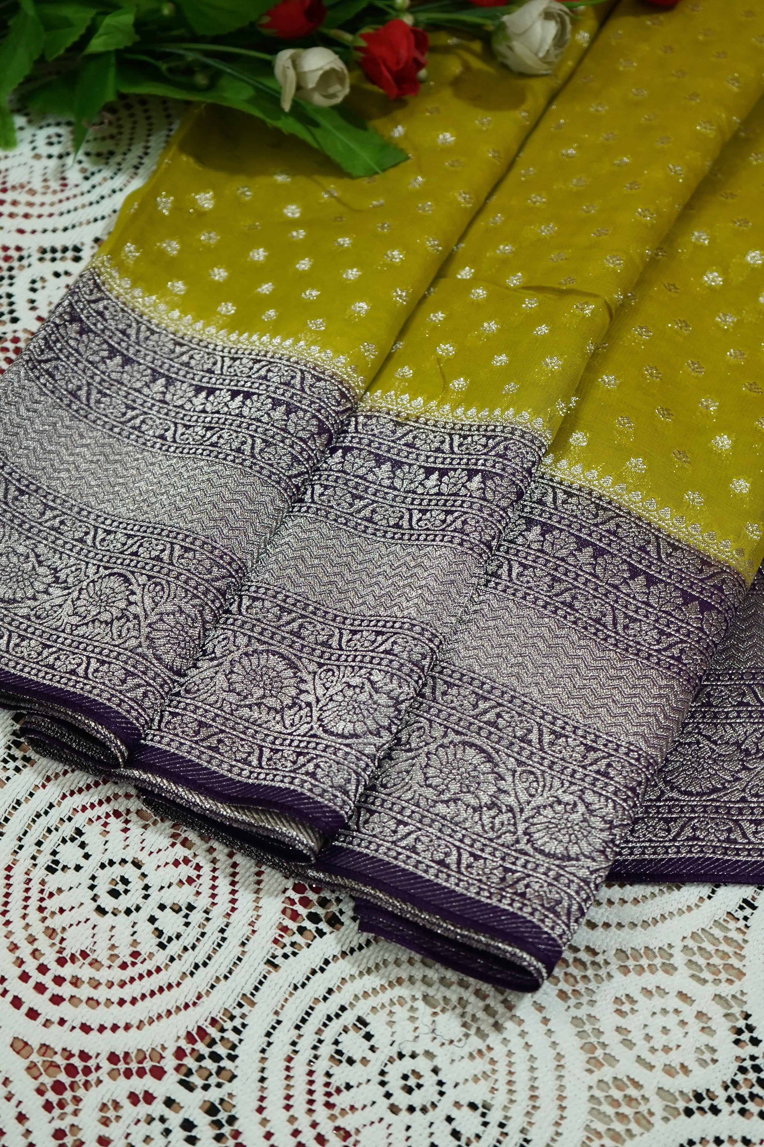 Mustard Yellow Khaddi Georgette Pure Banarasi Saree with Contrast Purple Border