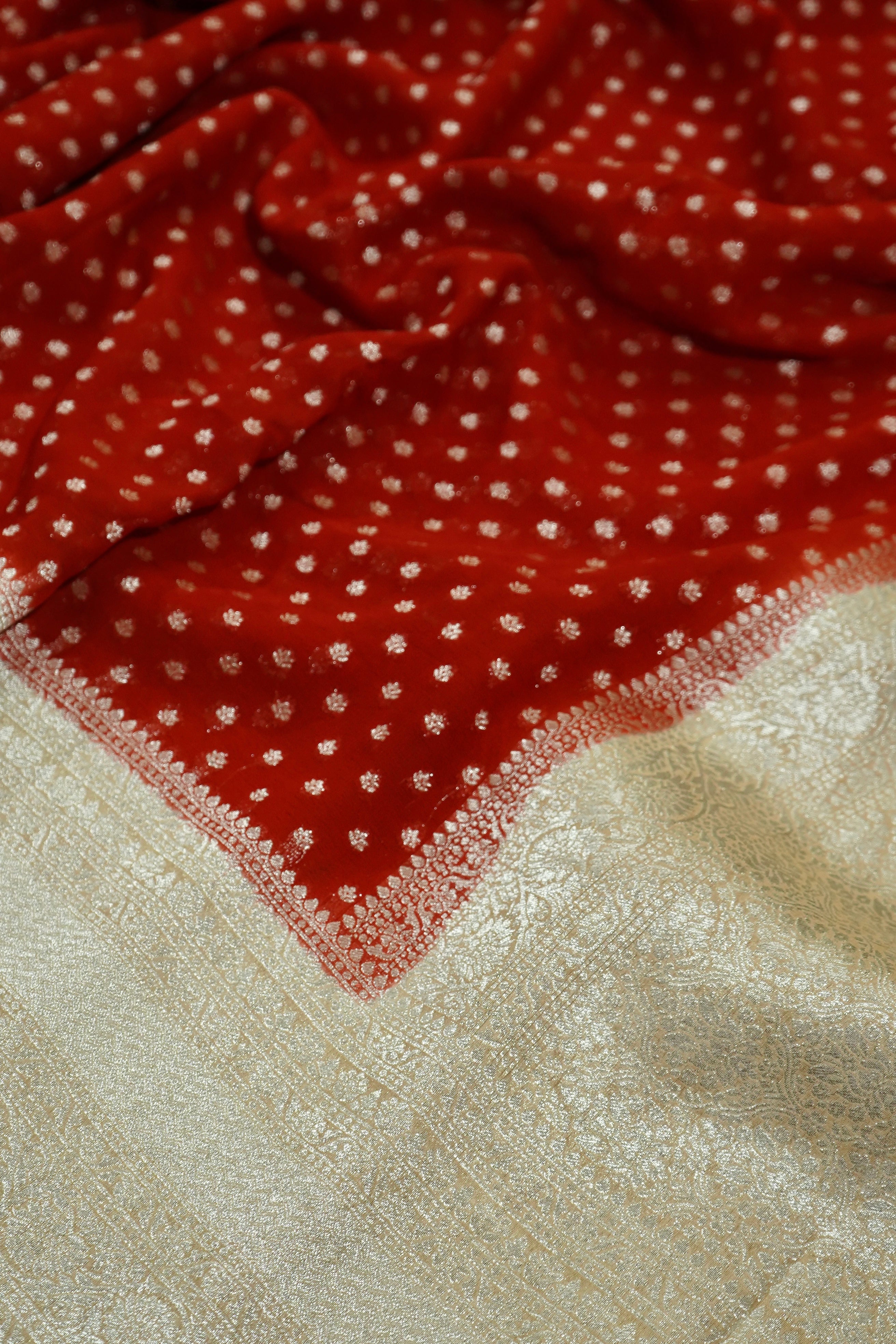 Vermilion Red Khaddi Georgette Pure Banarasi Saree with Champagne Zari Border