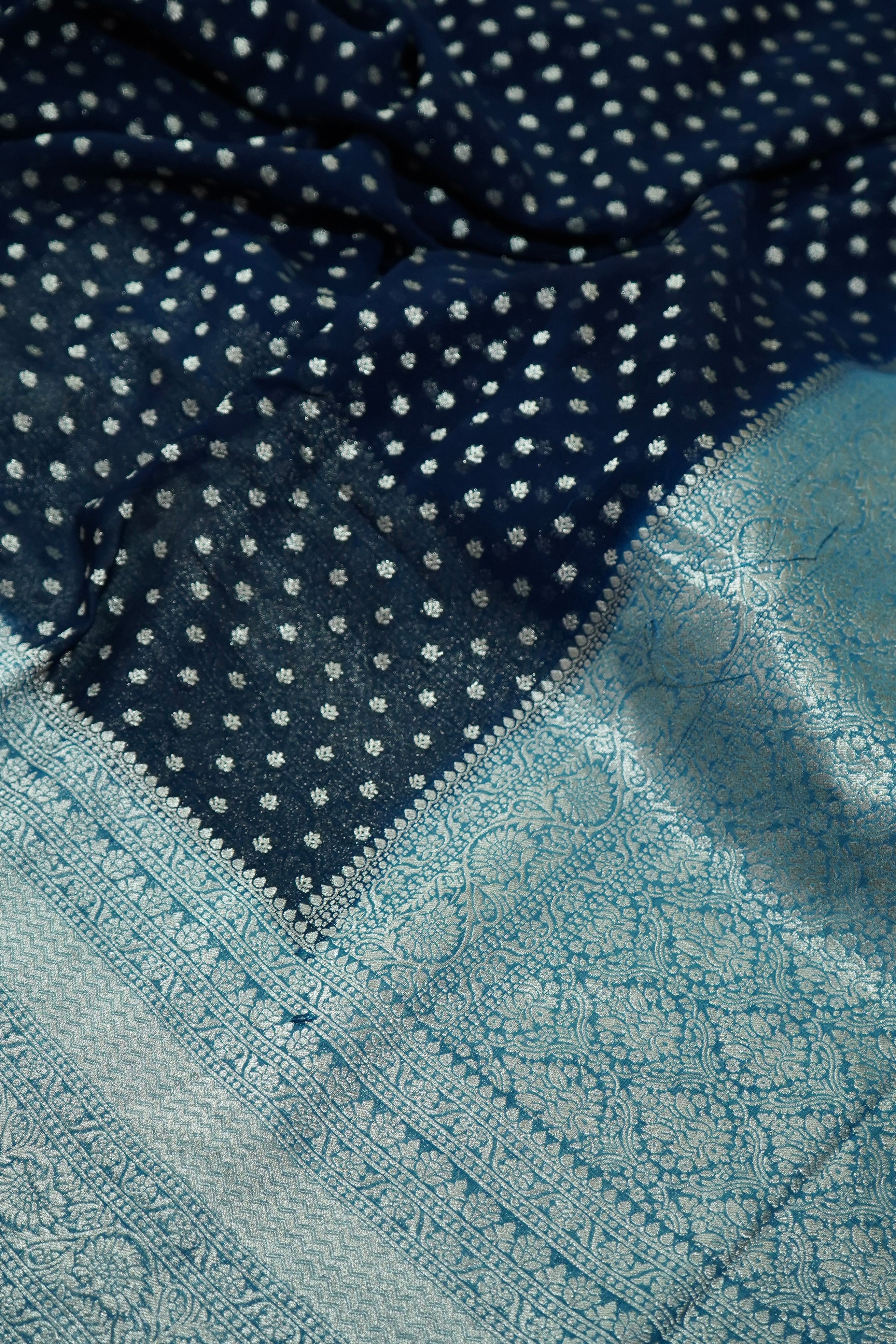 Navy Blue Khaddi Georgette Pure Banarasi Saree with Icy Blue and Champagne Zari Border