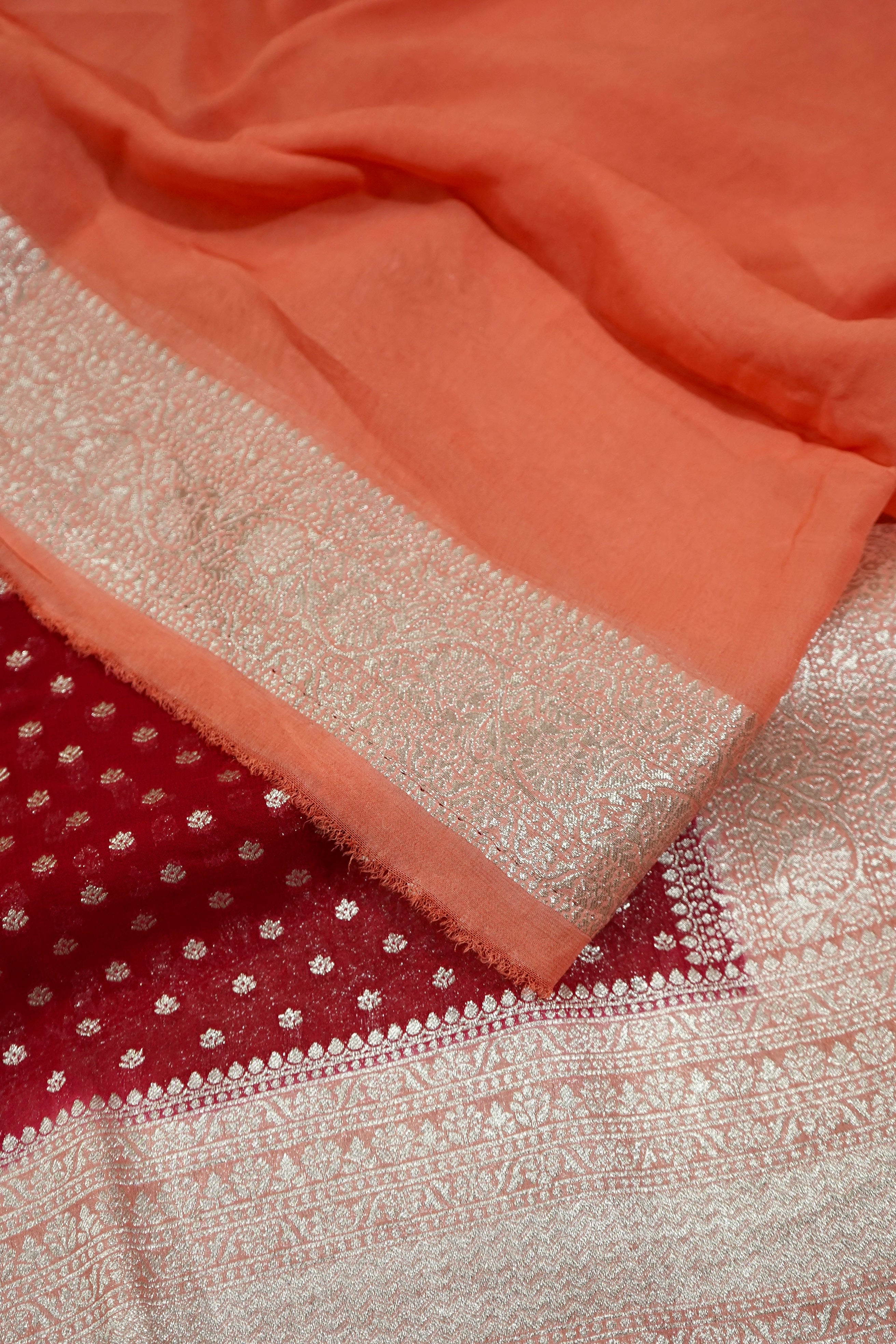 Deep Ruby Red Khaddi Georgette Pure Banarasi Saree with Champagne Zari Border