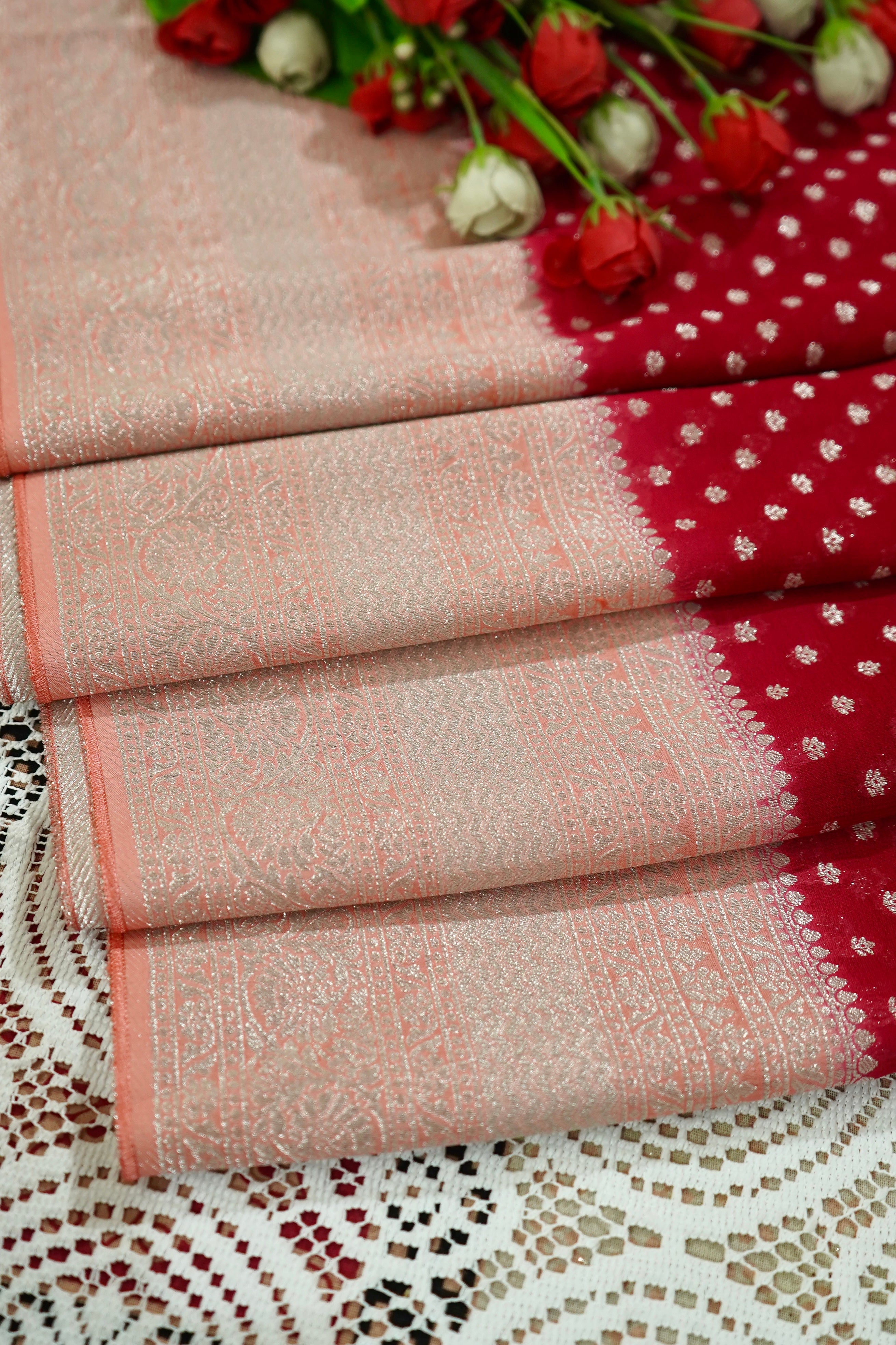 Deep Ruby Red Khaddi Georgette Pure Banarasi Saree with Champagne Zari Border