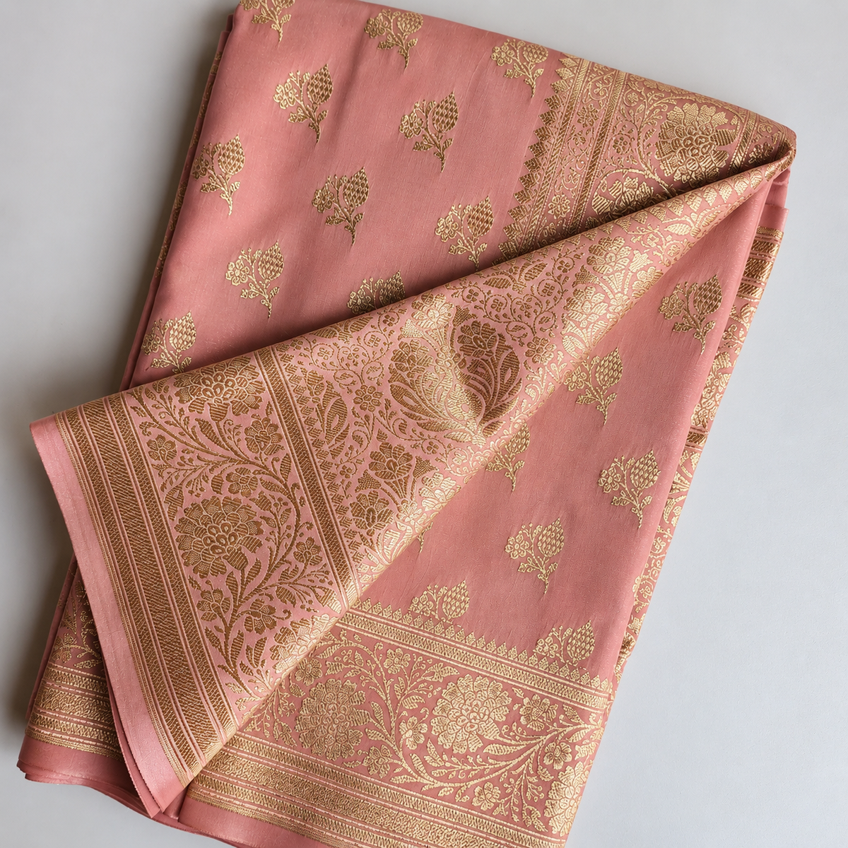 Rich Dusty Blush Pink Banarasi Silk Saree with Gold Zari Weaving