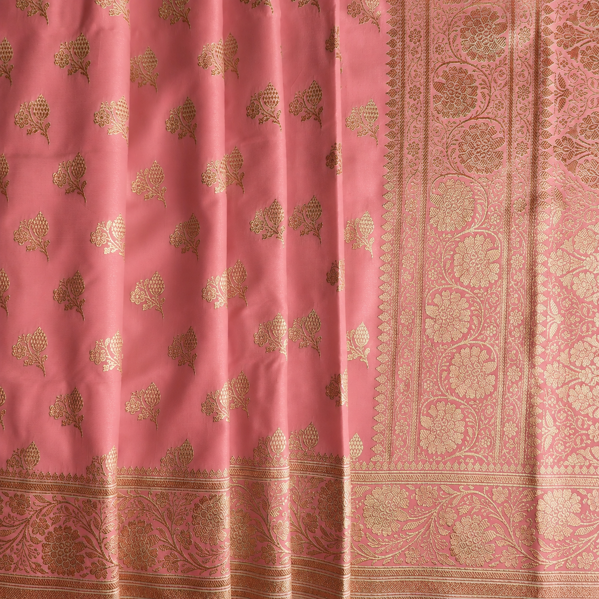 Rich Dusty Blush Pink Banarasi Silk Saree with Gold Zari Weaving