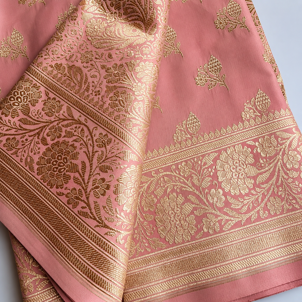Rich Dusty Blush Pink Banarasi Silk Saree with Gold Zari Weaving