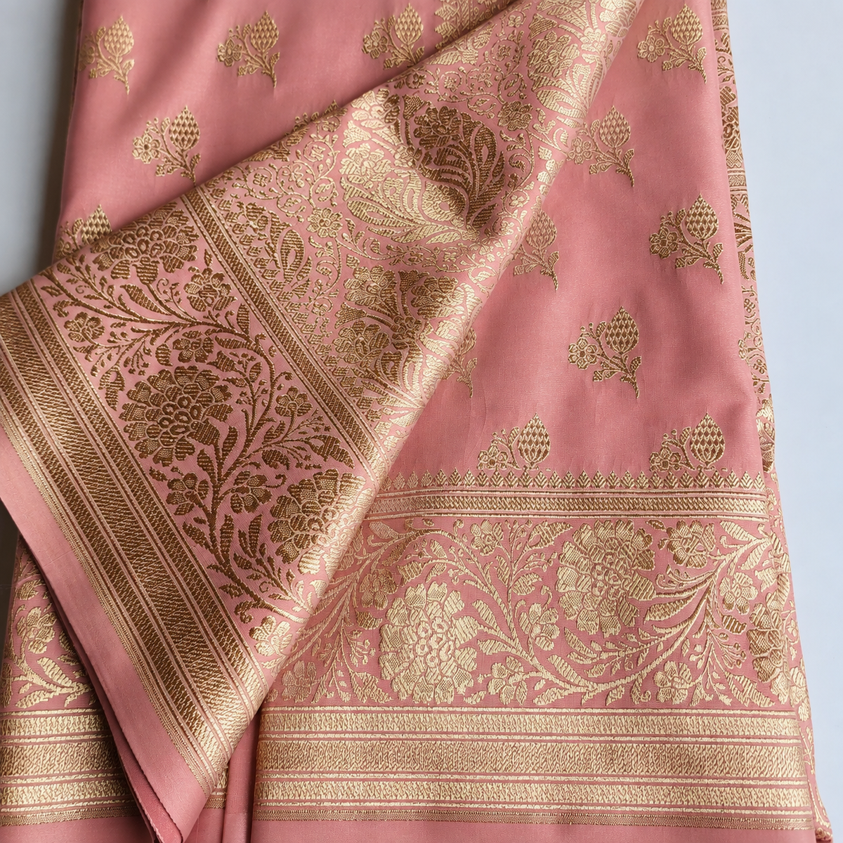 Rich Dusty Blush Pink Banarasi Silk Saree with Gold Zari Weaving