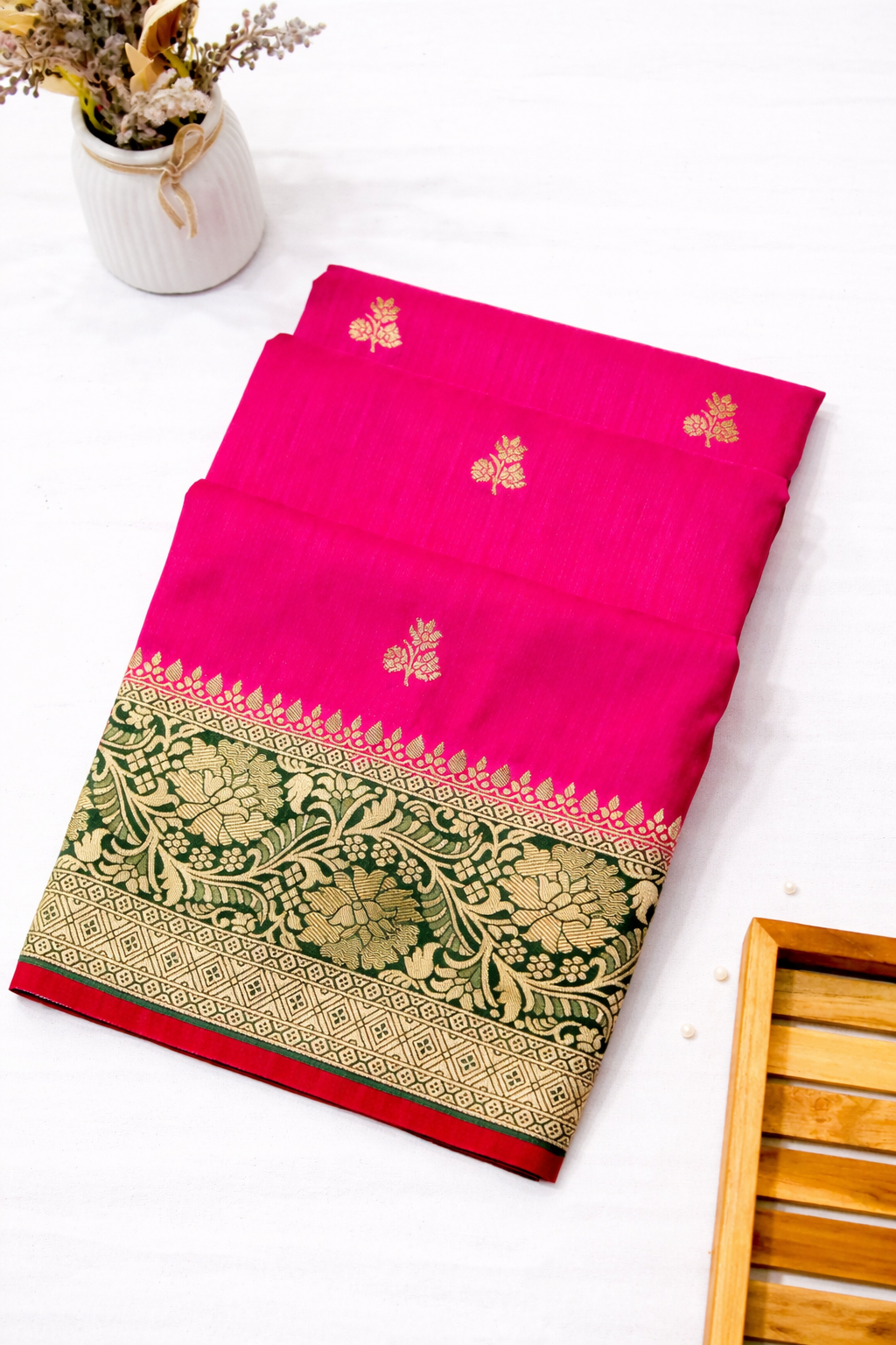 Rani Pink Semi Katan Silk Saree with Green Zari Border
