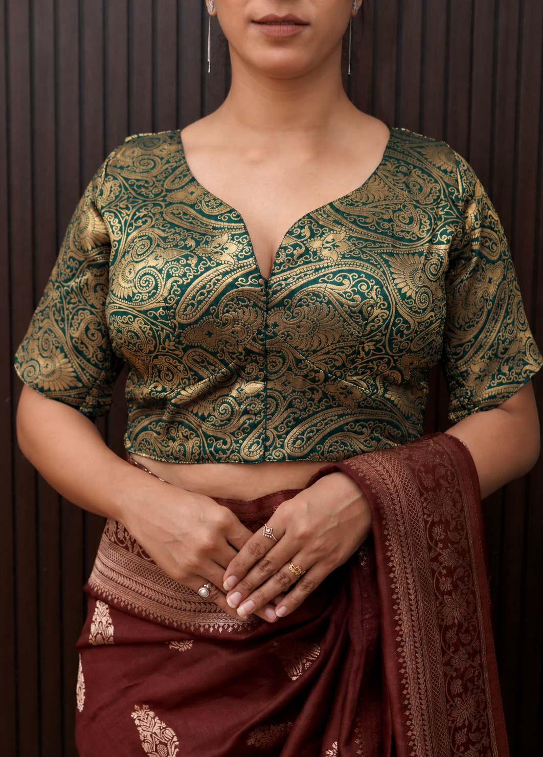 Bottle Green Kairi Motif Stretchable Blouse