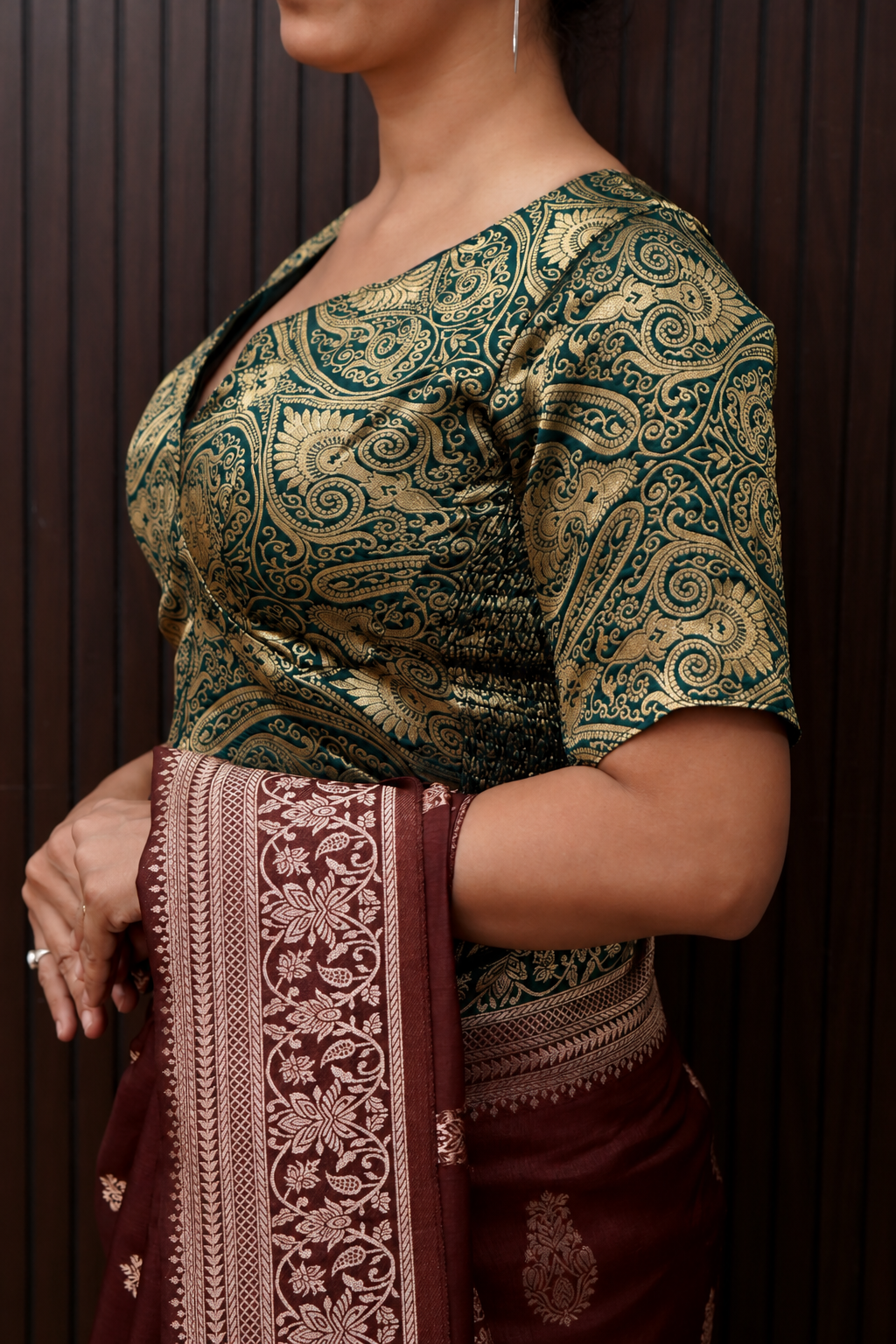 Bottle Green Kairi Motif Stretchable Blouse