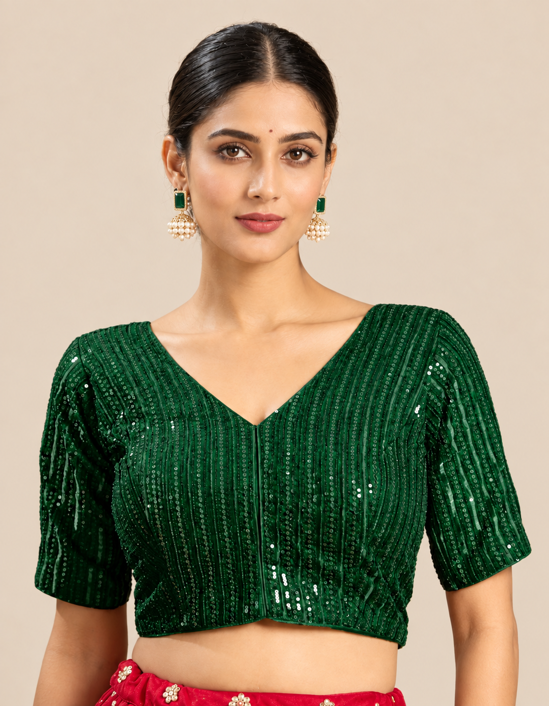 Readymade V-Neck Sequin Work Blouse - Emerald Green