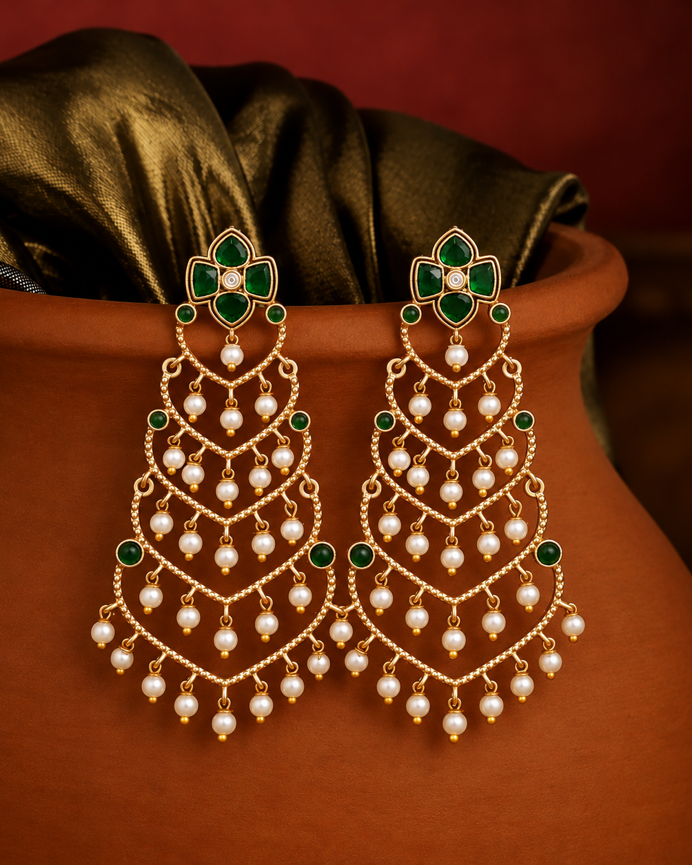 Multi-Arch Statement Earrings with Green Gem Studs