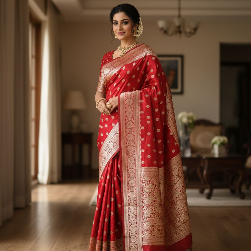 Traditional Red Silk Saree with Banarasi handweaving