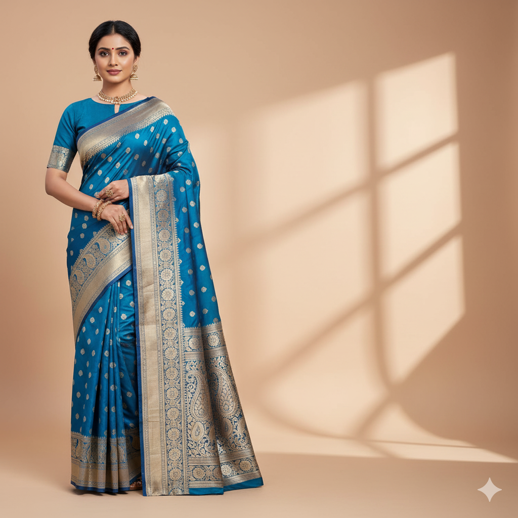 Traditional Sky Blue Silk Saree with Banarasi handweaving