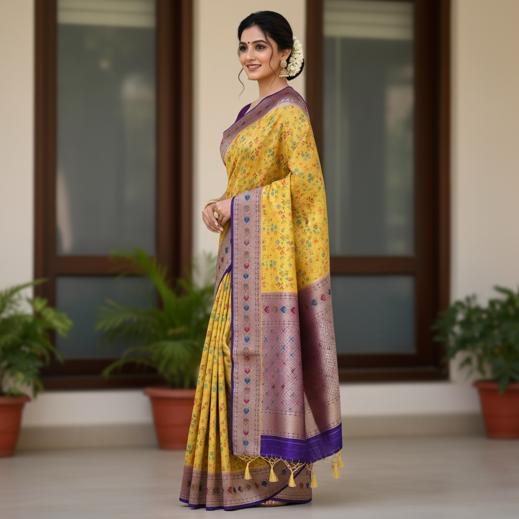 Elegant Yellow Banarasi Silk Saree with Floral Meenakari Work