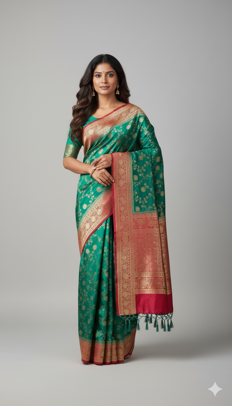 Emerald Green Banarasi Saree with traditional Red Jaal border