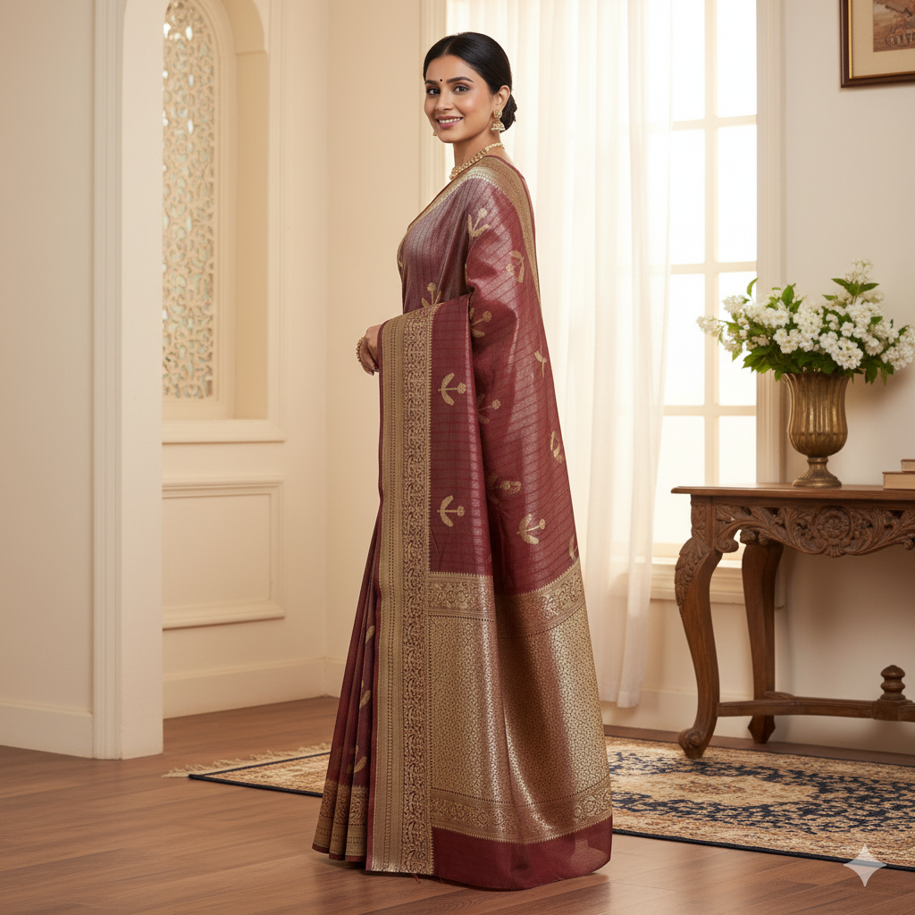 Maroon Handwoven Tissue Silk Saree with Reshmi Gold Multi patti