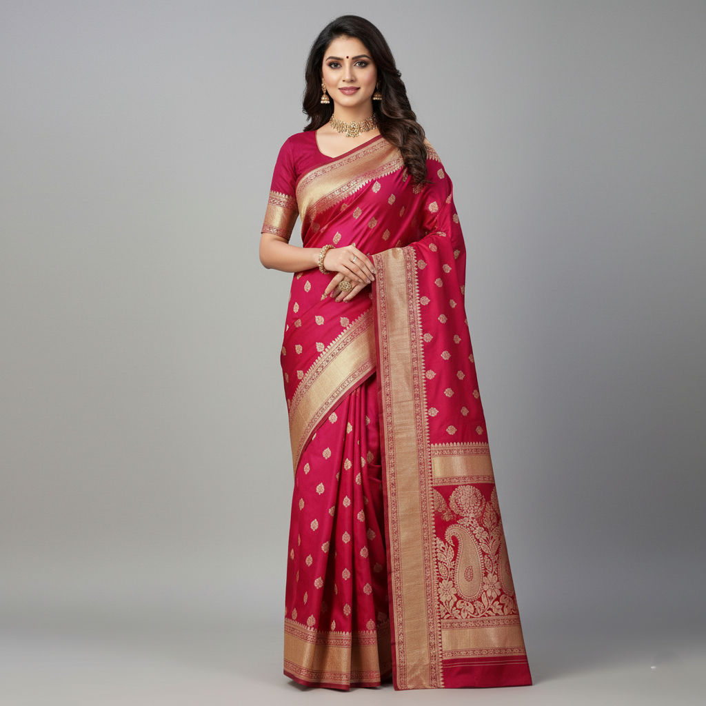 Royal Magenta-Red Banarasi Silk Saree with Golden Zari Weave