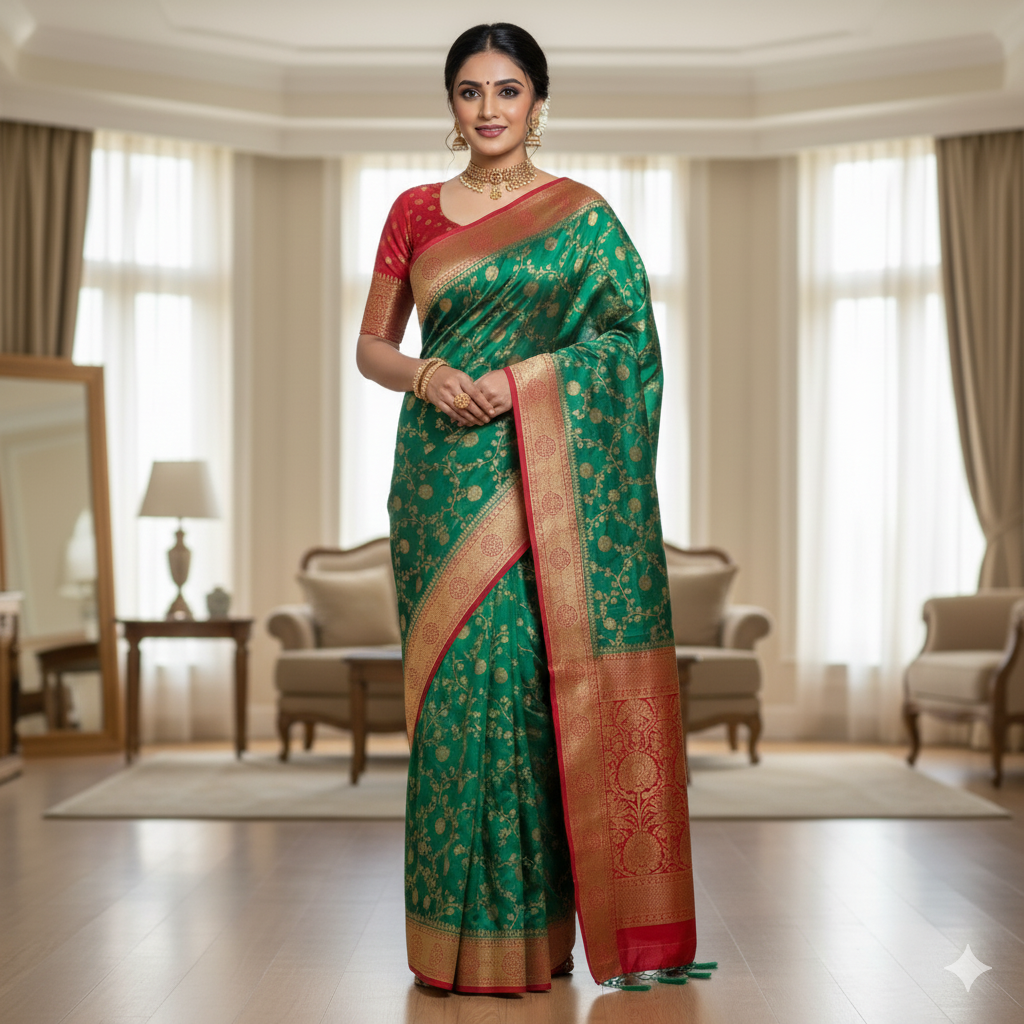 Emerald Green Banarasi Saree with traditional Red Jaal border