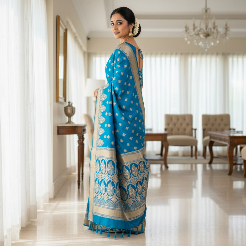 Traditional Vibrant Blue Silk Saree with Banarasi handweaving