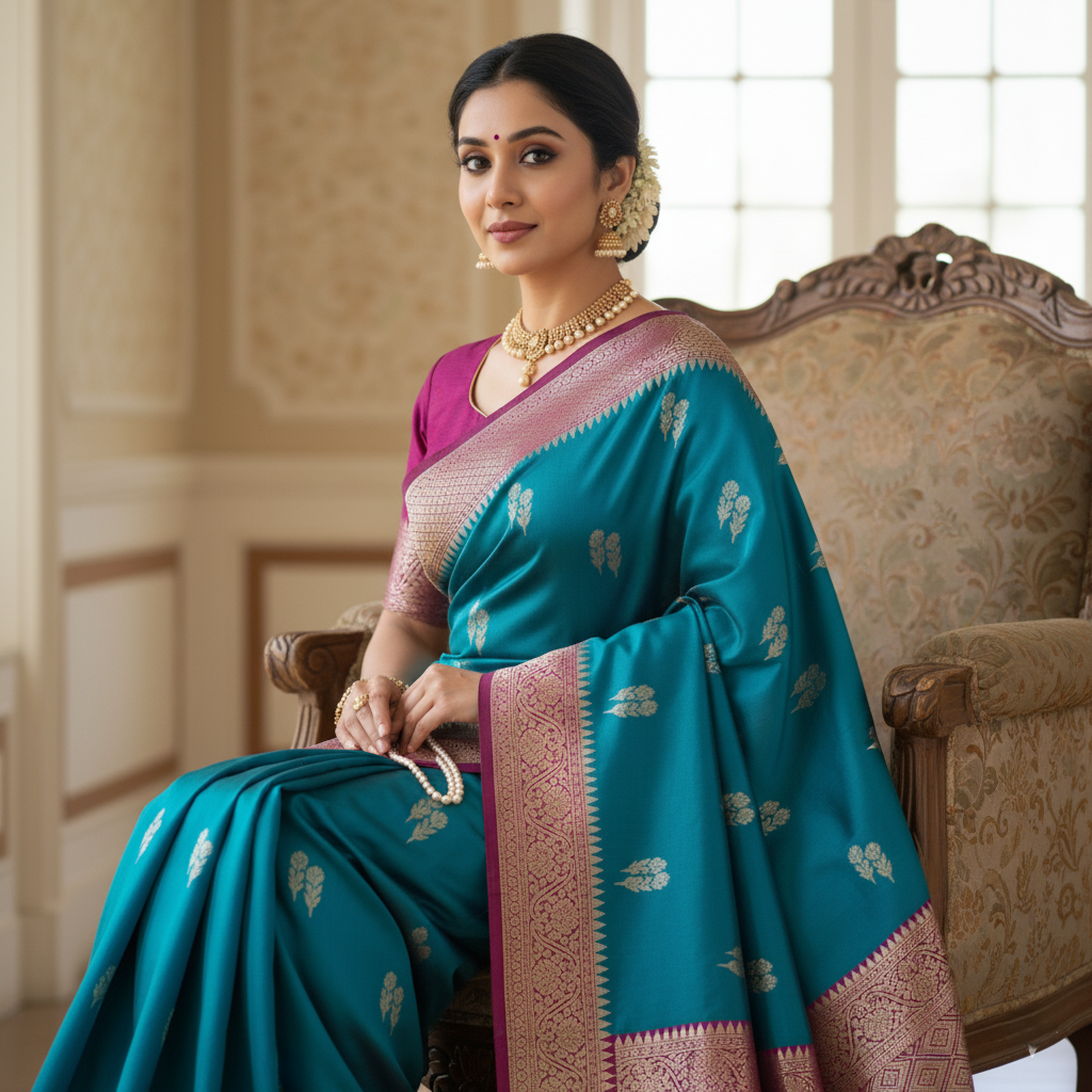 Turquoise Mashru Silk Saree with Rich Magenta Border