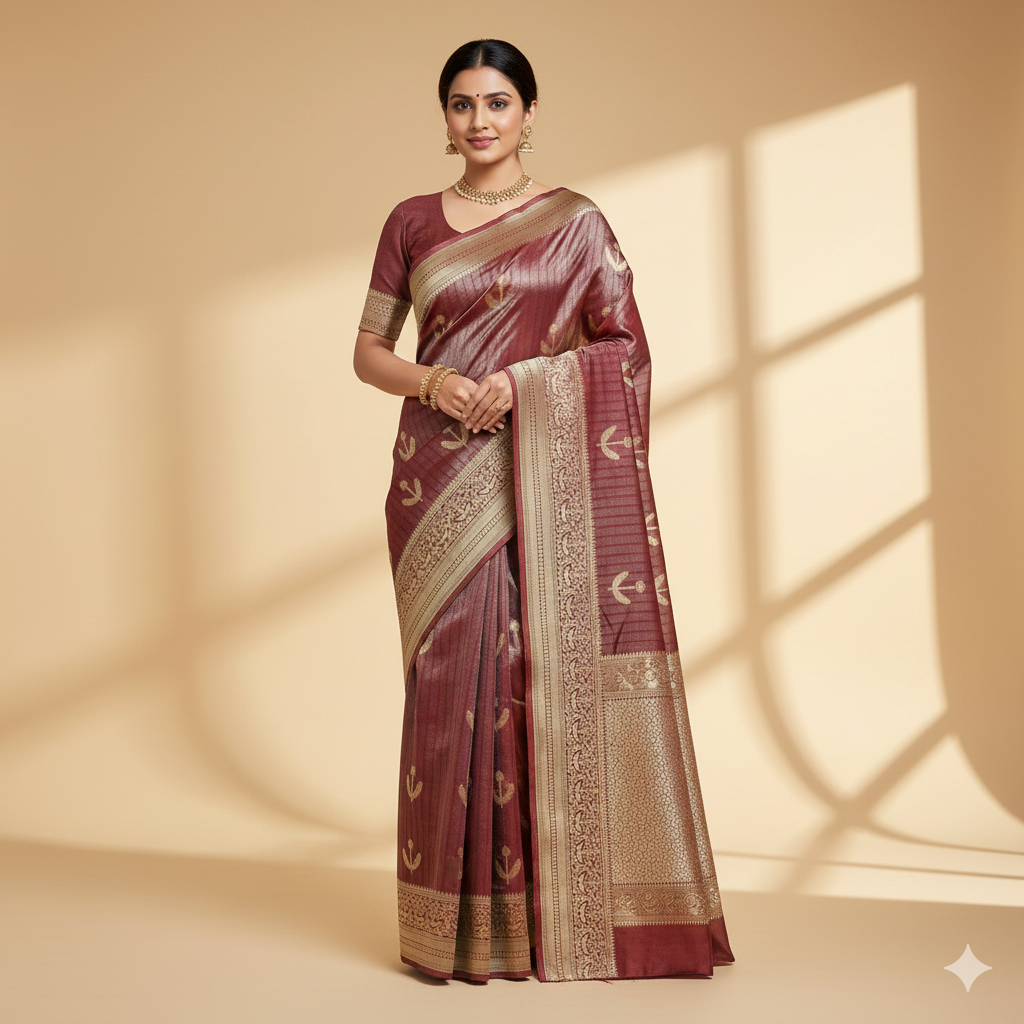 Maroon Handwoven Tissue Silk Saree with Reshmi Gold Multi patti