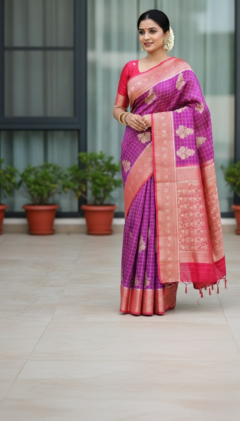 Traditional Purple and Gold Georgette Silk Saree with traditional Red border