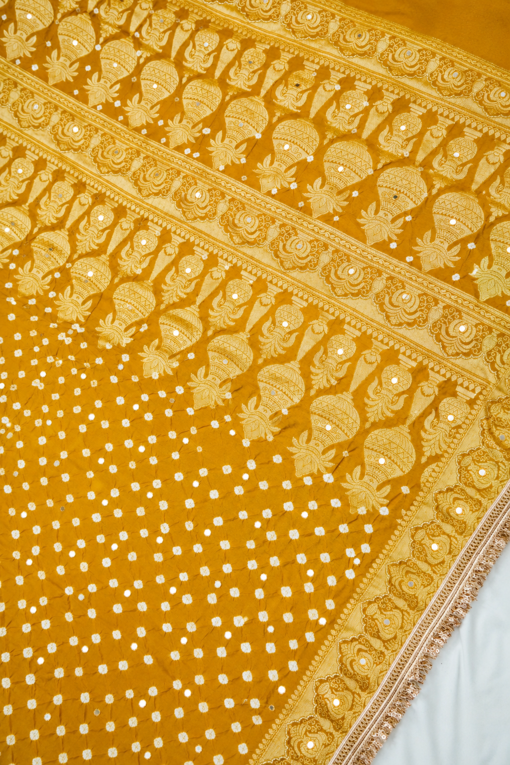 Kalash - Golden Mustard Bandhani Dupion Silk Saree with Fringe Border