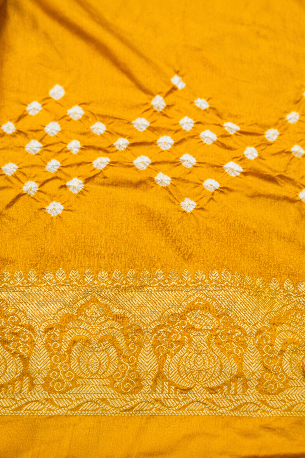 Kalash - Golden Mustard Bandhani Dupion Silk Saree with Fringe Border