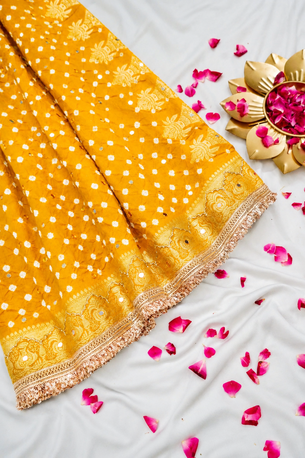 Kalash - Golden Mustard Bandhani Dupion Silk Saree with Fringe Border