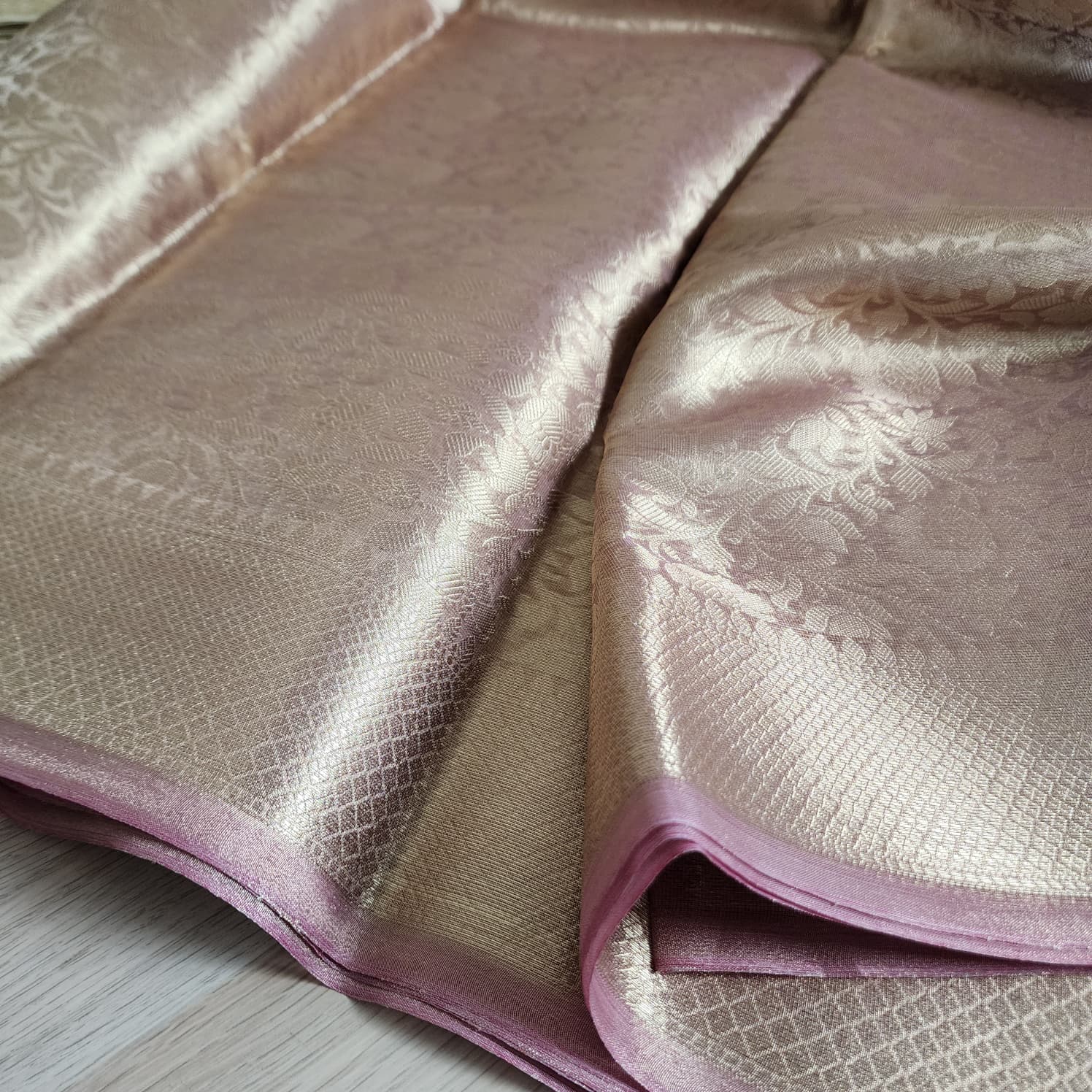 Temple Gold Kanjivaram Style Tissue Silk with Blush Pink Border