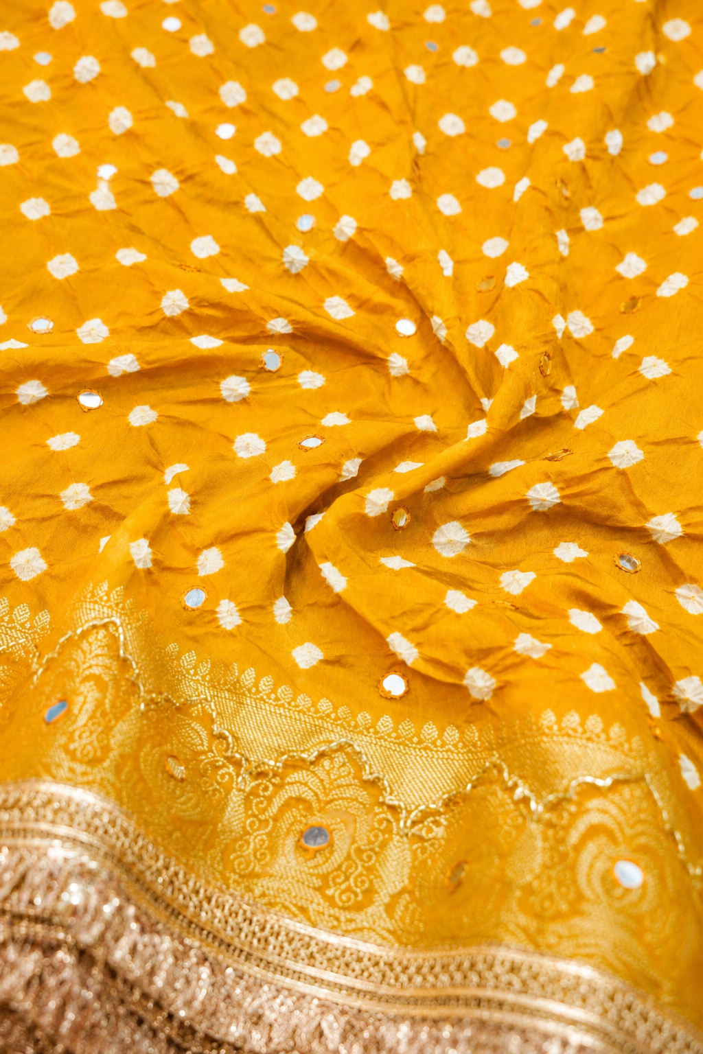 Kalash - Golden Mustard Bandhani Dupion Silk Saree with Fringe Border