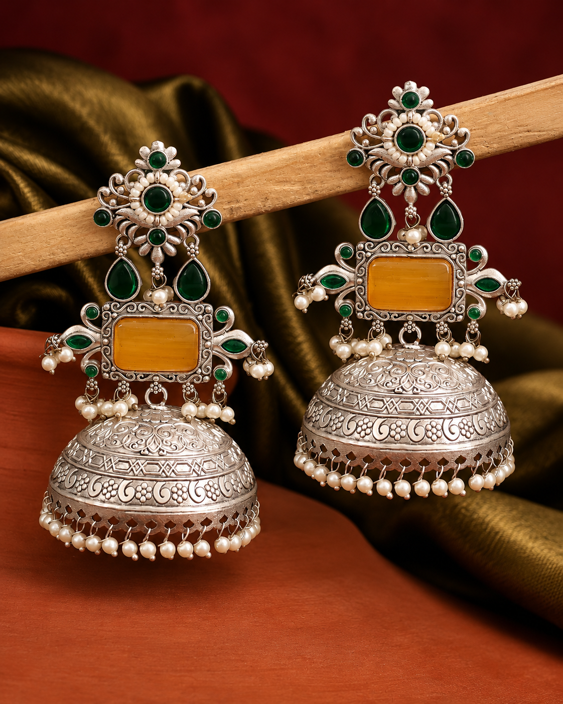 Antique Rectangular Yellow Cabochon Jhumka Earrings