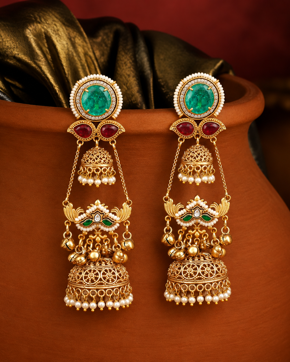 Multi-Stone Hanging Jhumka Earrings with Bell Accents