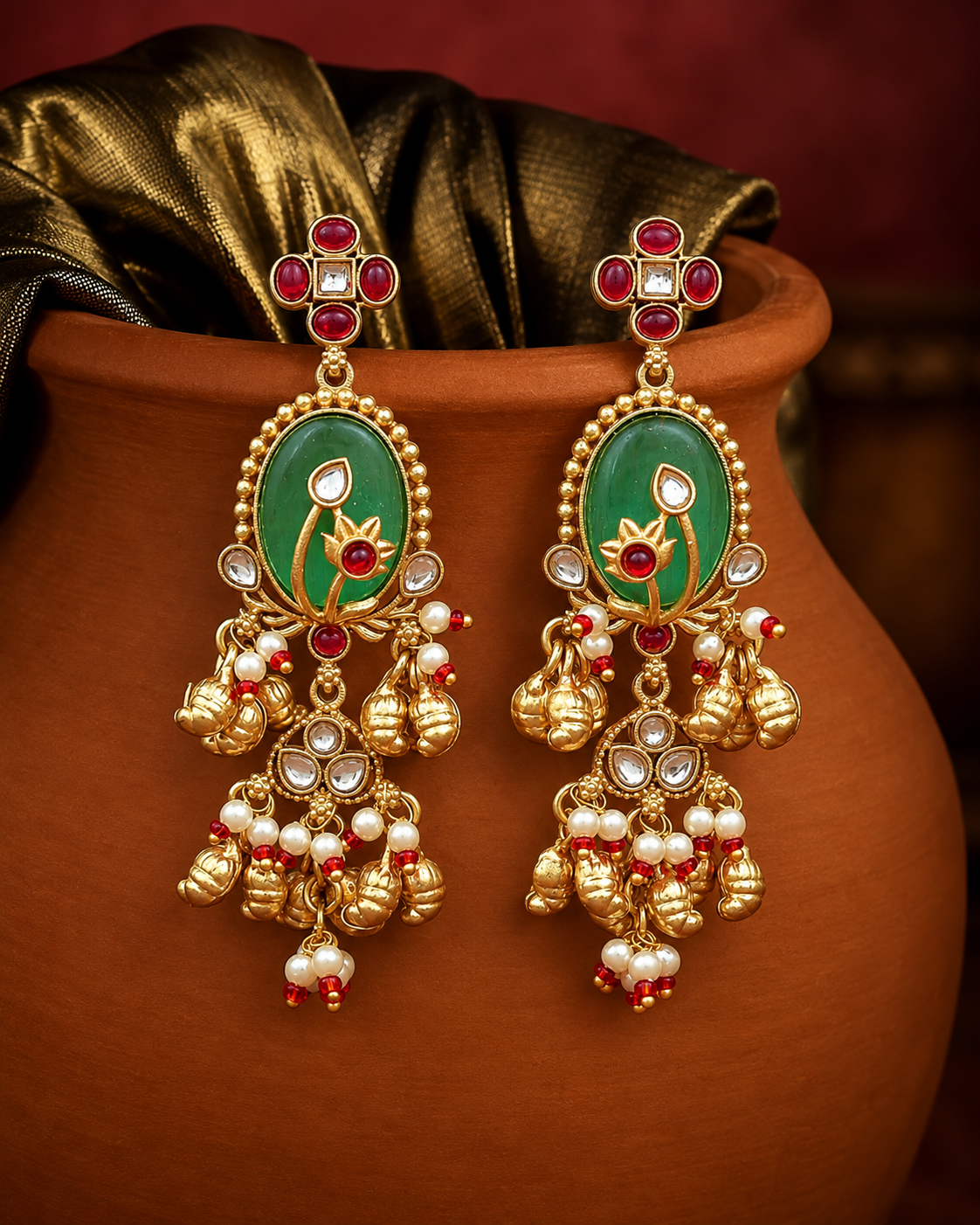 Antique Gold Oval Green Cabochon Statement Earrings