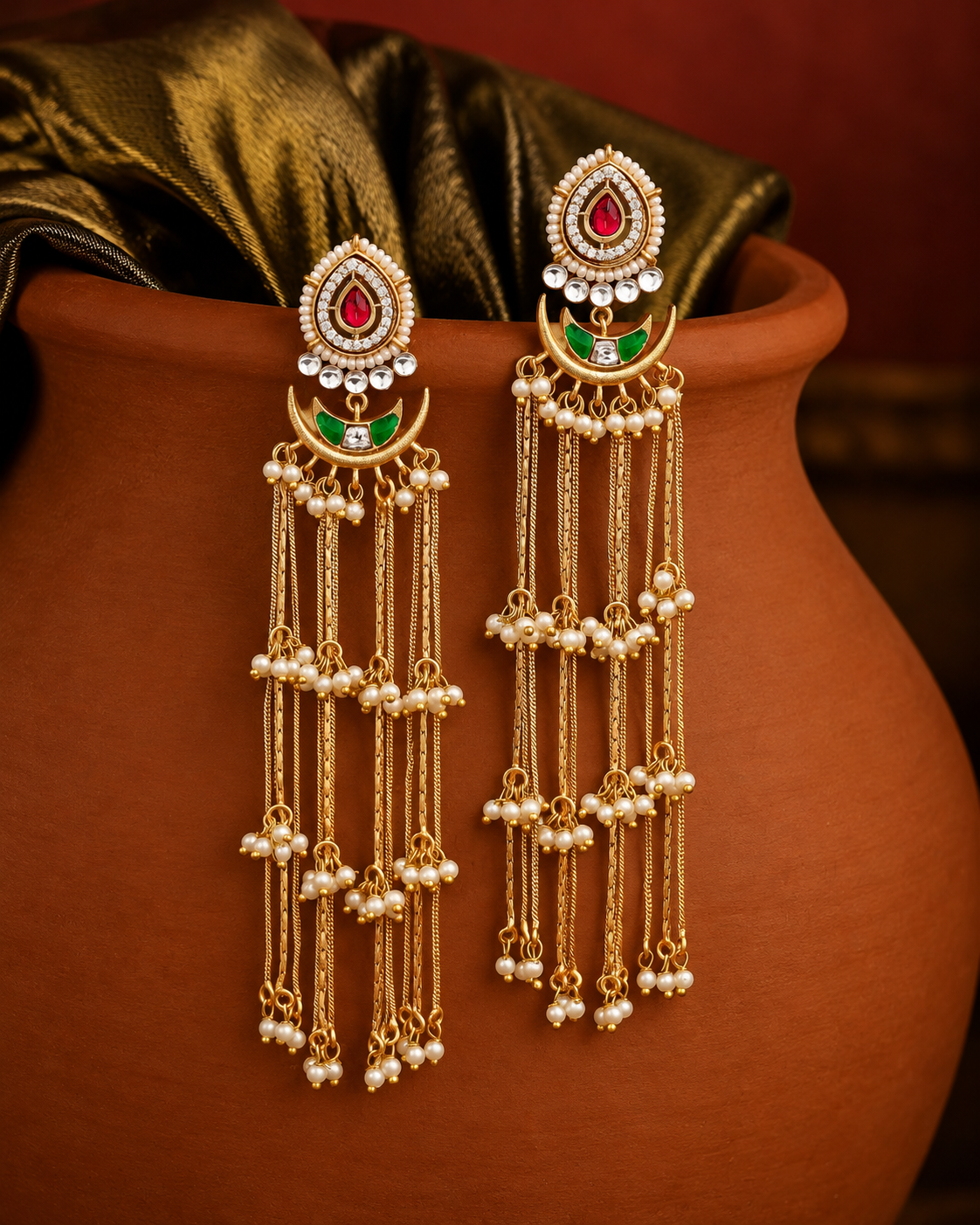 Royal Crescent Drop Earrings with Hanging Pearl Chains and Gemstones