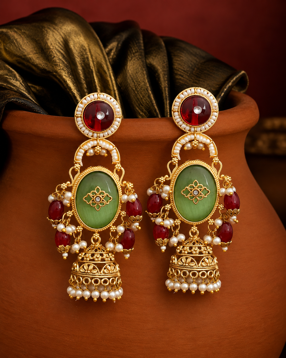 Ruby & Emerald Pearl Jhumka Earrings