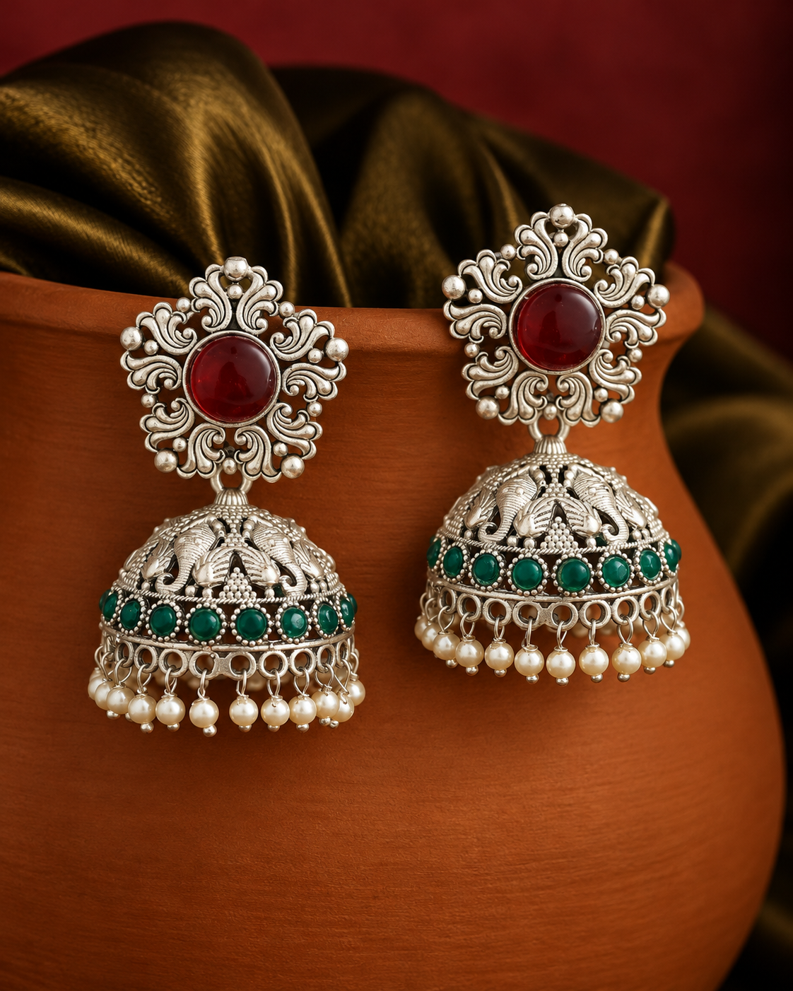 Silver Ornate Red Stud & Green Beaded Jhumka Earrings