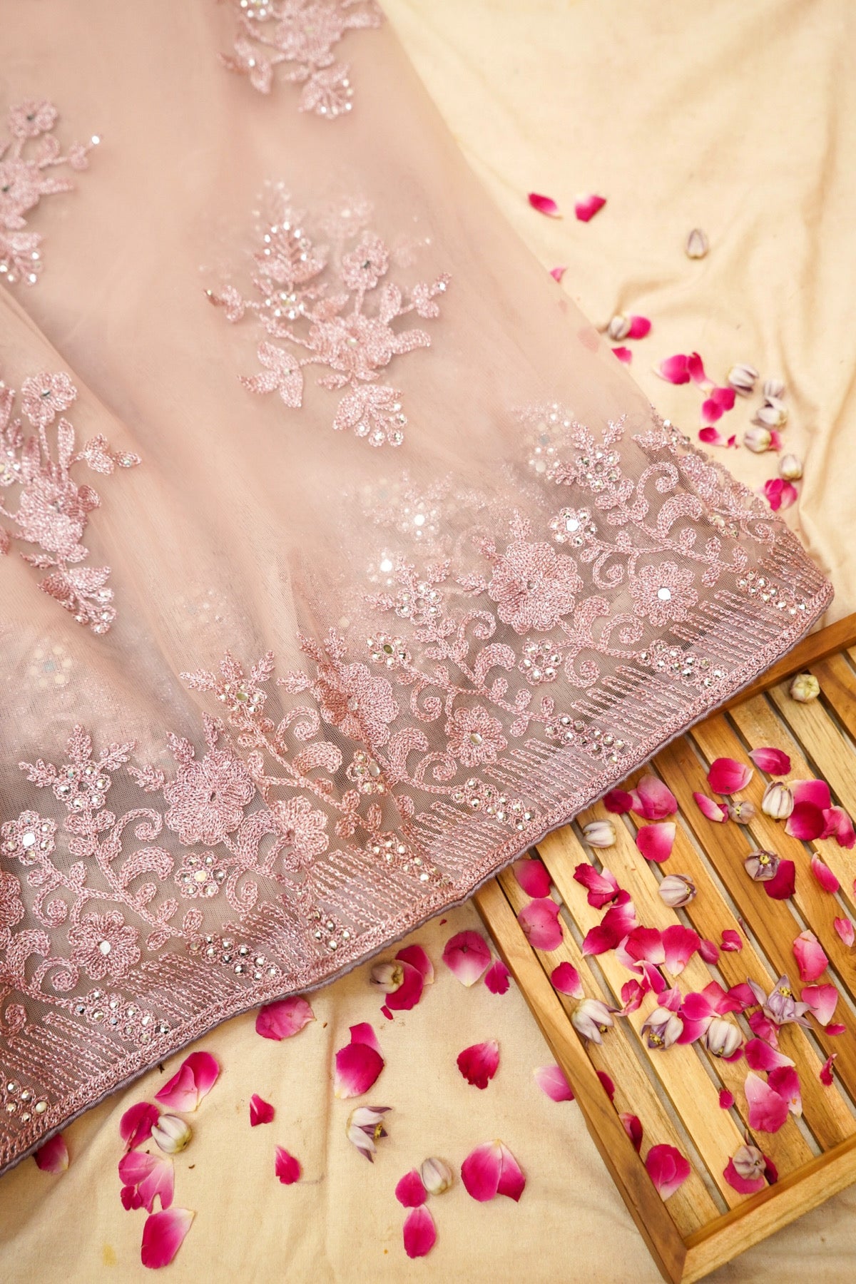 Vintage Rose Sequined Floral Embroidered Designer Net Saree with Readymade Blouse
