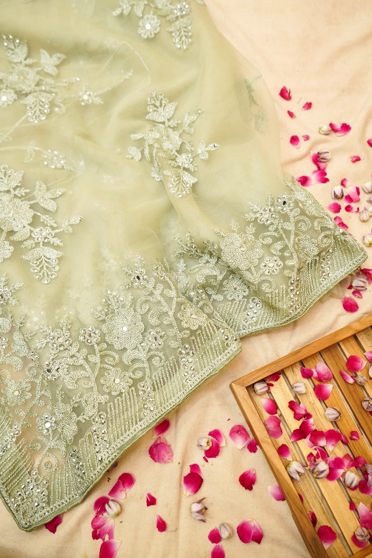 Sage Green Sequined Floral Embroidered Designer Net Saree with Readymade Blouse