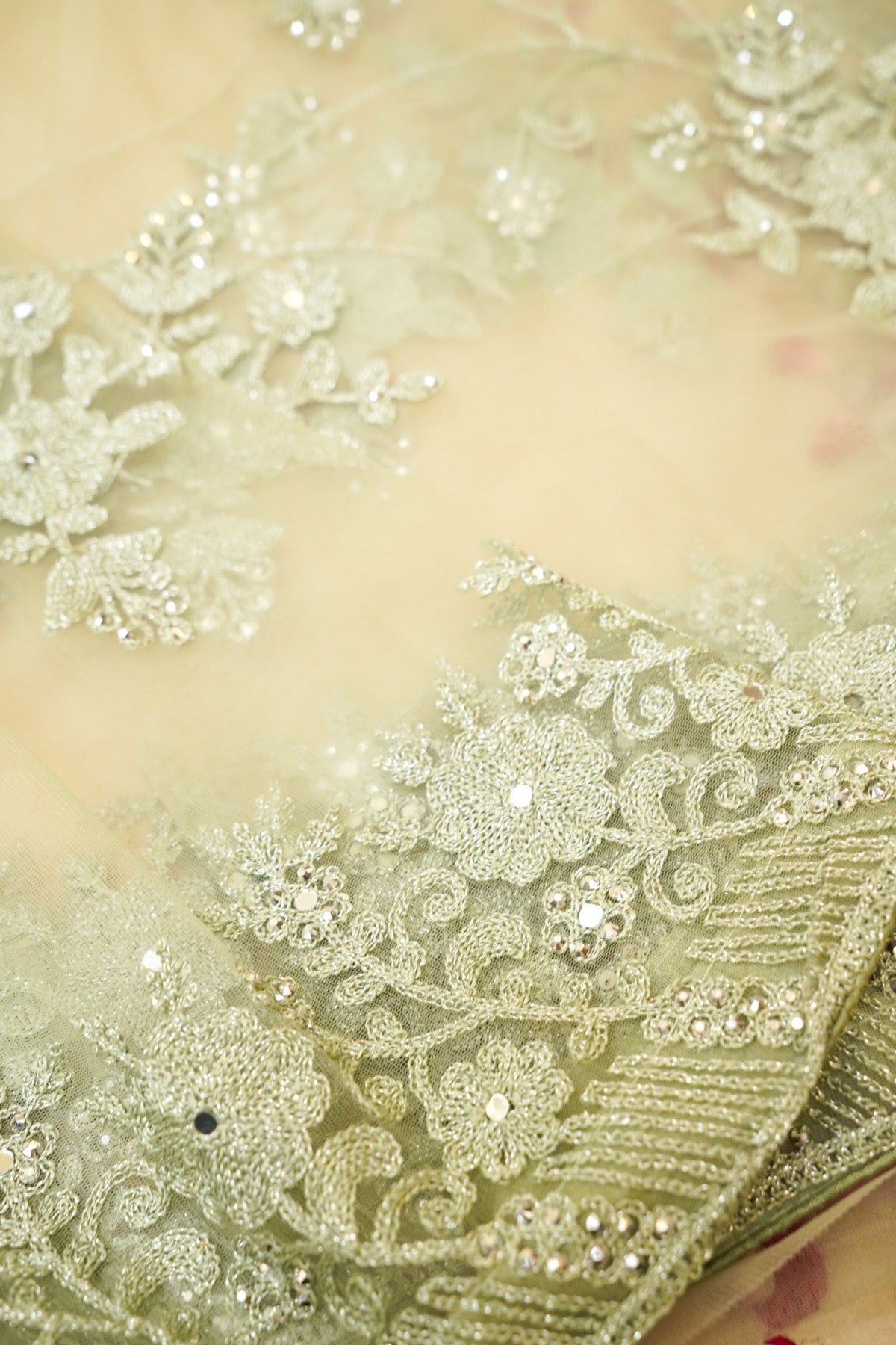 Sage Green Sequined Floral Embroidered Designer Net Saree with Readymade Blouse