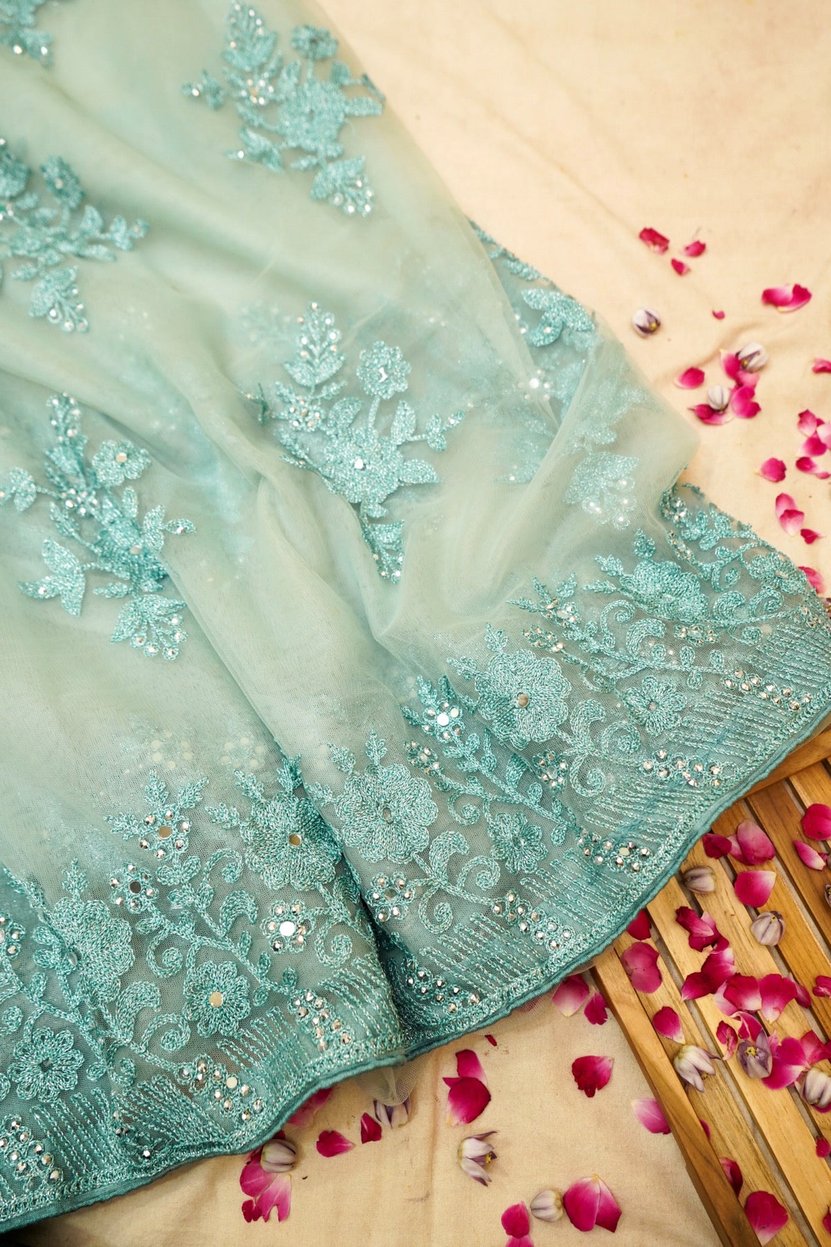 Seafoam Green Sequined Floral Embroidered Designer Net Saree with Readymade Blouse
