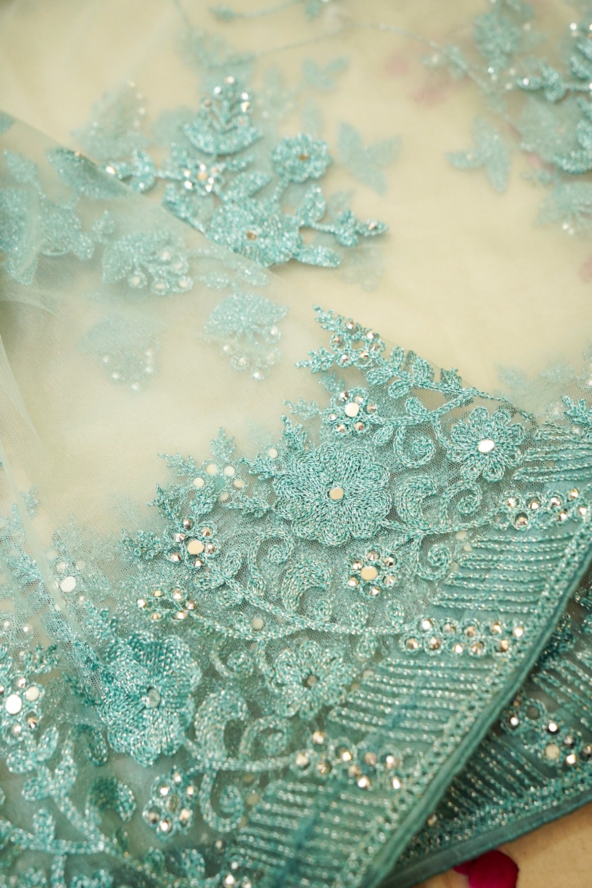 Seafoam Green Sequined Floral Embroidered Designer Net Saree with Readymade Blouse